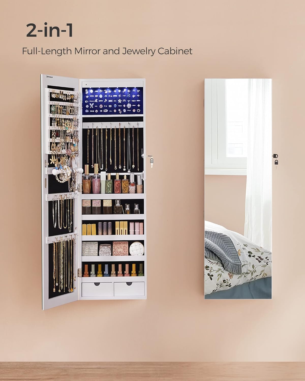 SONGMICS Hanging Jewelry Cabinet, Wall-Mounted Cabinet with LED Interior Lights, Door-Mounted Jewelry Organizer, Full-Length Mirror, Christmas Gift Idea, White UJJC99WT