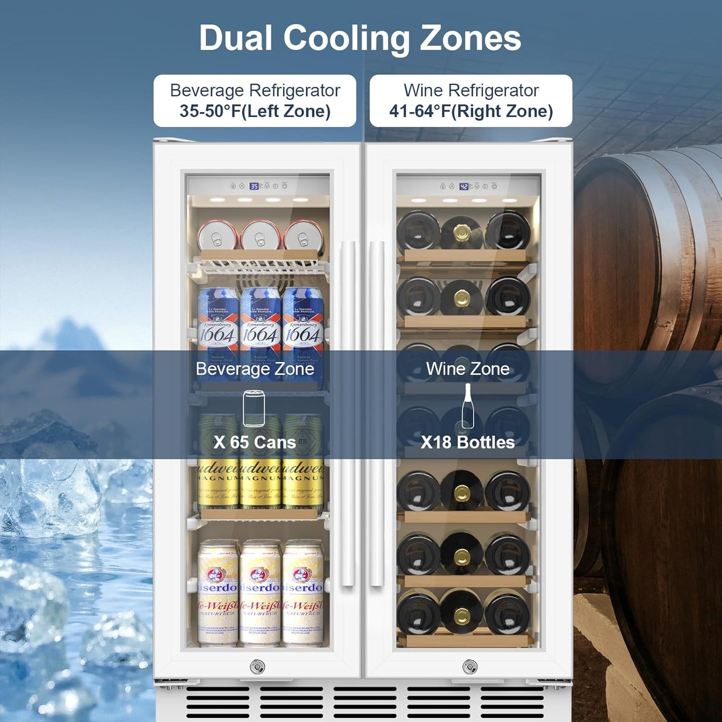 Wine and Beverage Refrigerator, 24 Inch Beverage Cooler Dual Zone with Glass Door, Under Counter Beverage Fridge with Upgraded 65 Cans 18 Bottles Large Capacity, White