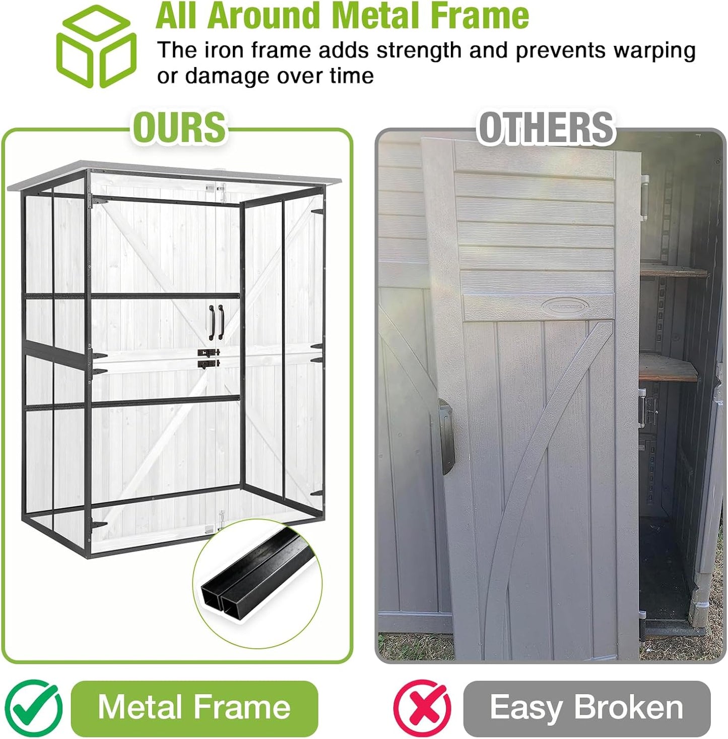 GUTINNEEN Outdoor Storage Cabinet Durable Metal Frame and Solid Wood Vertical Tool Shed with 3 Adjustable Height Shelves and Bottom Floor for Patio, Garden, Backyard, 55" L x 29" W x 67" H