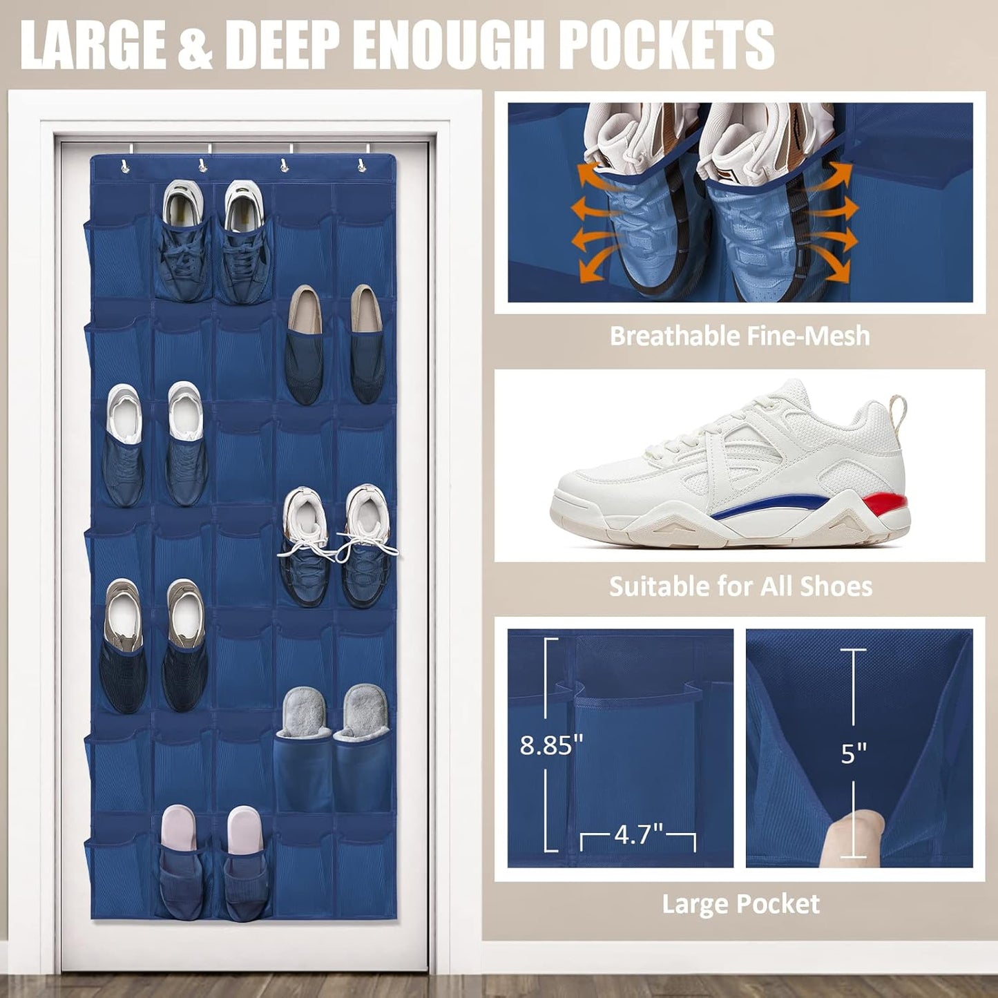 Over The Door Shoe Organizers 35 Mesh Pockets Hanging Shoe Organizer Shoe Rack For Door Closet Entryway Bedroom Bathroom Pantry - Shoe Holder Hanger For Sneakers, Women High Heeled Shoes Blue