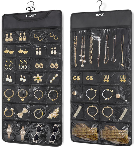 FOREGOER Hanging Jewelry Organizer Double Sided 43 Pockets Large Necklace Earring Accessory Holder Organizer(Black)