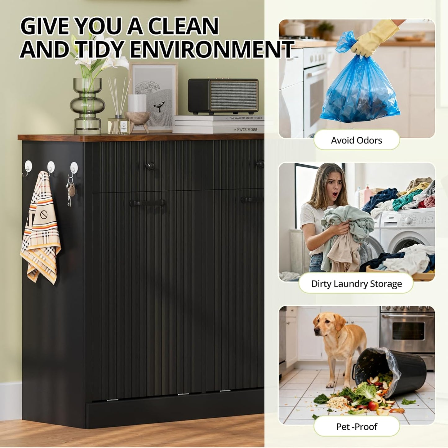 Double Tilt Out Trash Can Cabinet, 20 Gallon Fluted Laundry Hamper Cabinet with 2 Drawers, Wooden Hidden Garbage Can Cabinets for Kitchen, Living Room, Without Trash Bin or Laundry Hamper,Black