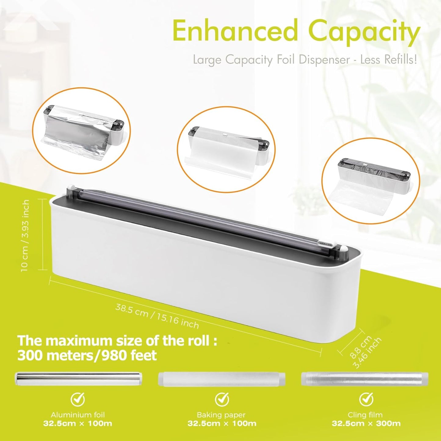 Aluminum Foil & Plastic Wrap Dispenser with Cutter - Magnetic & No-Drill Wall Mount, Cling Film Dispenser for Countertops & Cabinets, Space-Saving Kitchen Organizer - Fits 300 m Rolls, Black
