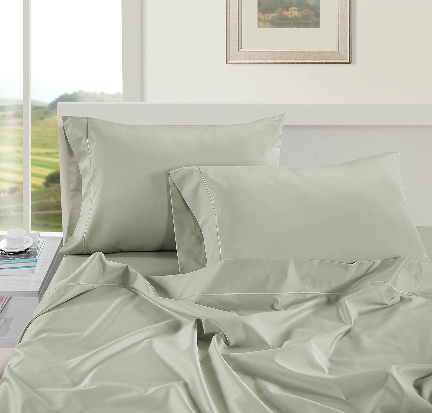 LANE LINEN Pillow Case Covers King Set of 2 100% Egyptian Cotton Sateen Soft Cool & Smooth 1000 Thread Count Cases - Mineral