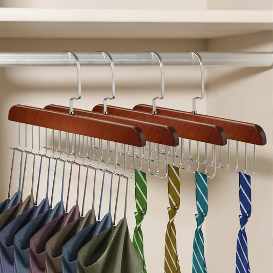 4 PCS Tie Holders for Closet, Belt Rack Wooden Bra Hangers for Closet Organizer with 32 Hooks Belt Holder Tie Hangers for Men 360-Degree Rotatable Space Saving for Ties, Scarves and Handbags