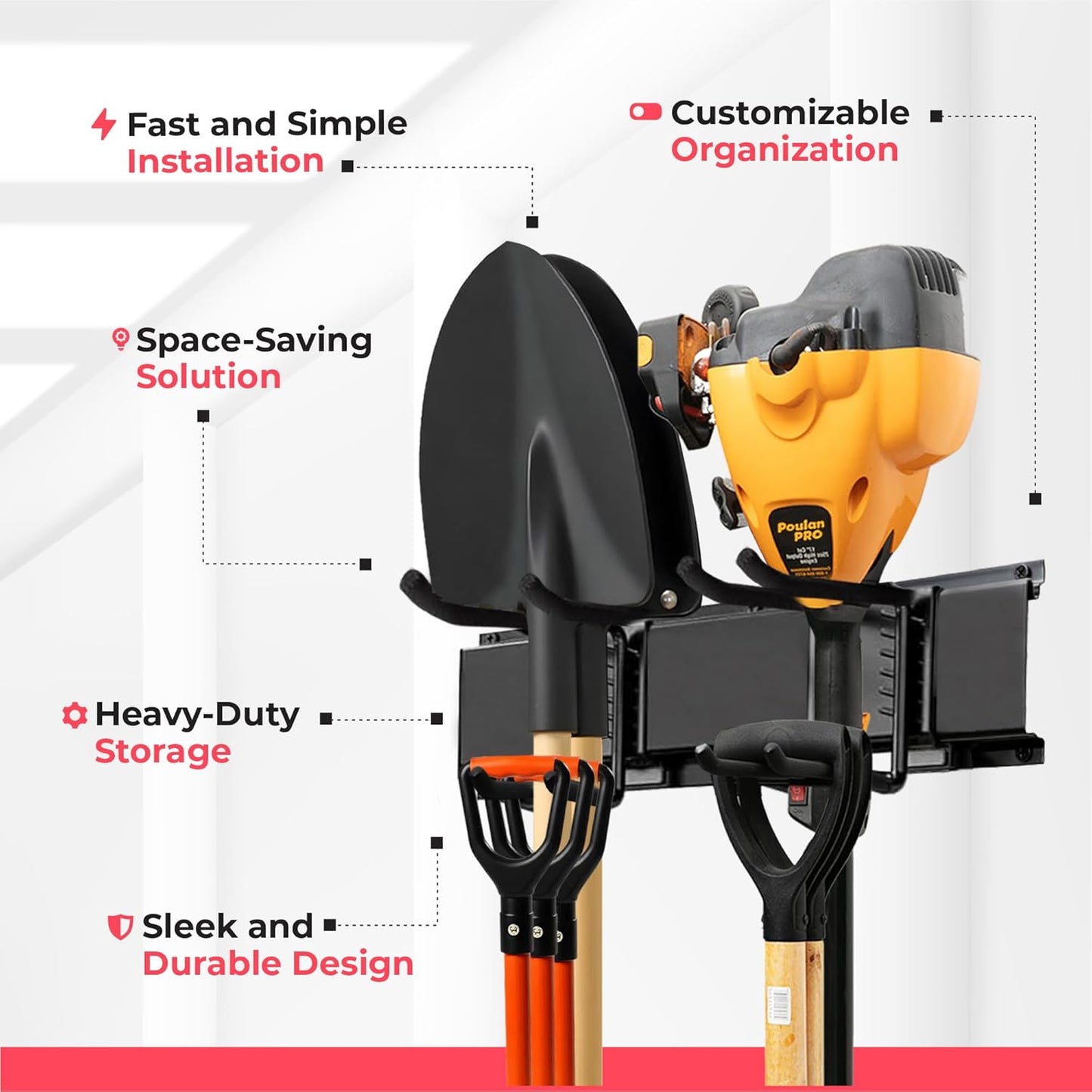 TIDYME Heavy-Duty Garage Wall Storage System | Wall Mounted Tool Organizer Rack with Shelving | 10-Piece Mounting Kit | Includes 4x10” Double-Layered Hooks & 2x16.5” Floating Utility Shelves