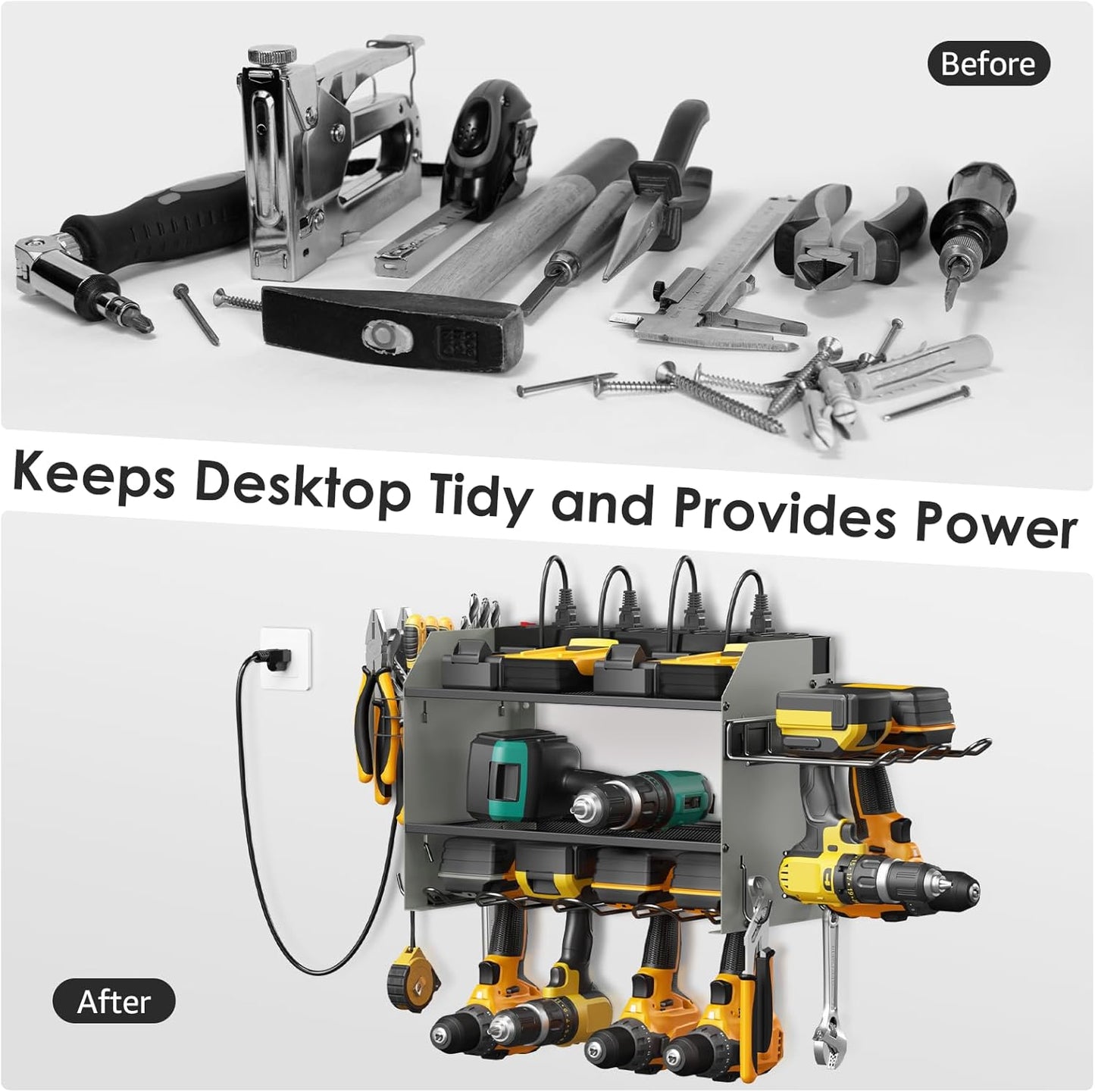 CCCEI Modular Power Tool Organizer Wall Mount Charging Station, Grey 6 Drills Holder with 8 Plug Power Strip 6FT, Garage Drill Battery Heavy Duty Metal Shelf, Utility Rack with Hooks, Side Storage.