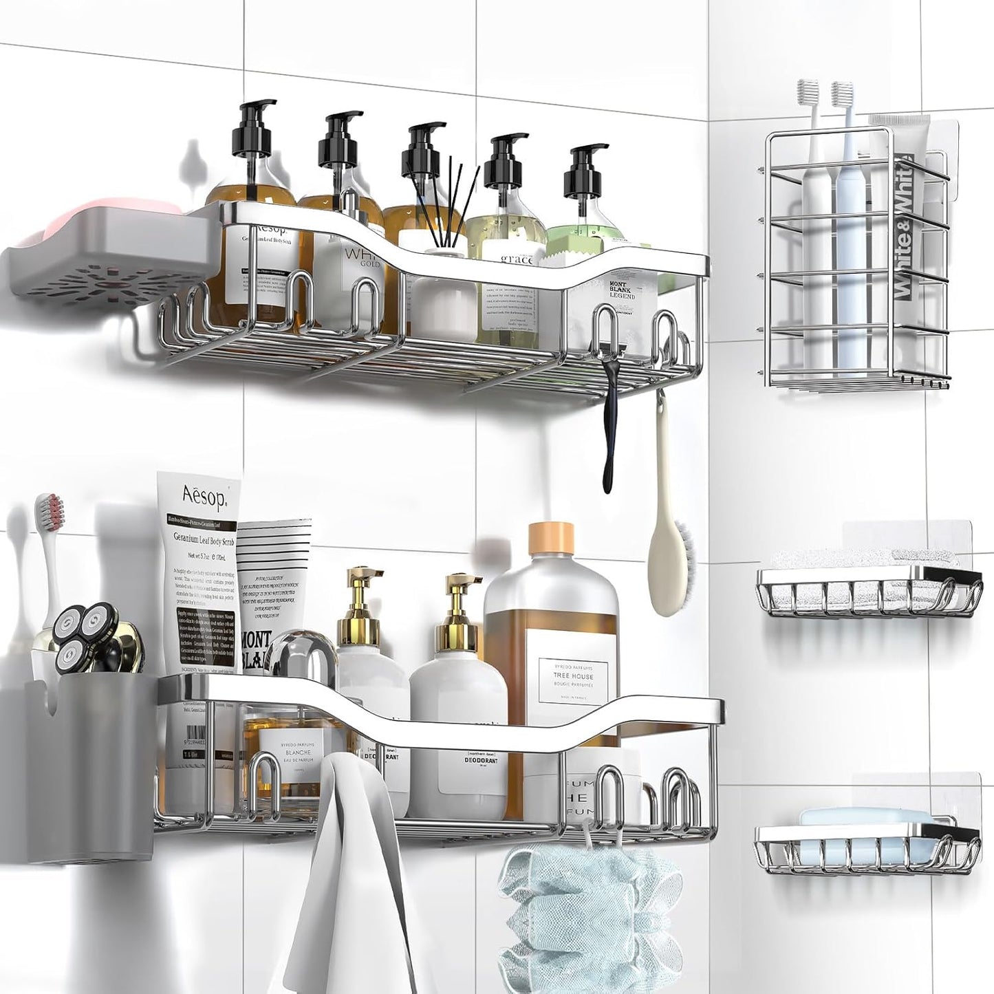 Shower Caddy Adhesive Shower Organizer 7-Pack, Rustproof Stainless Steel Bathroom Shelves, Large Capacity No-Drill Rack Storage Accessories with Soap Dish Toothbrush Holder Hooks (Silver)
