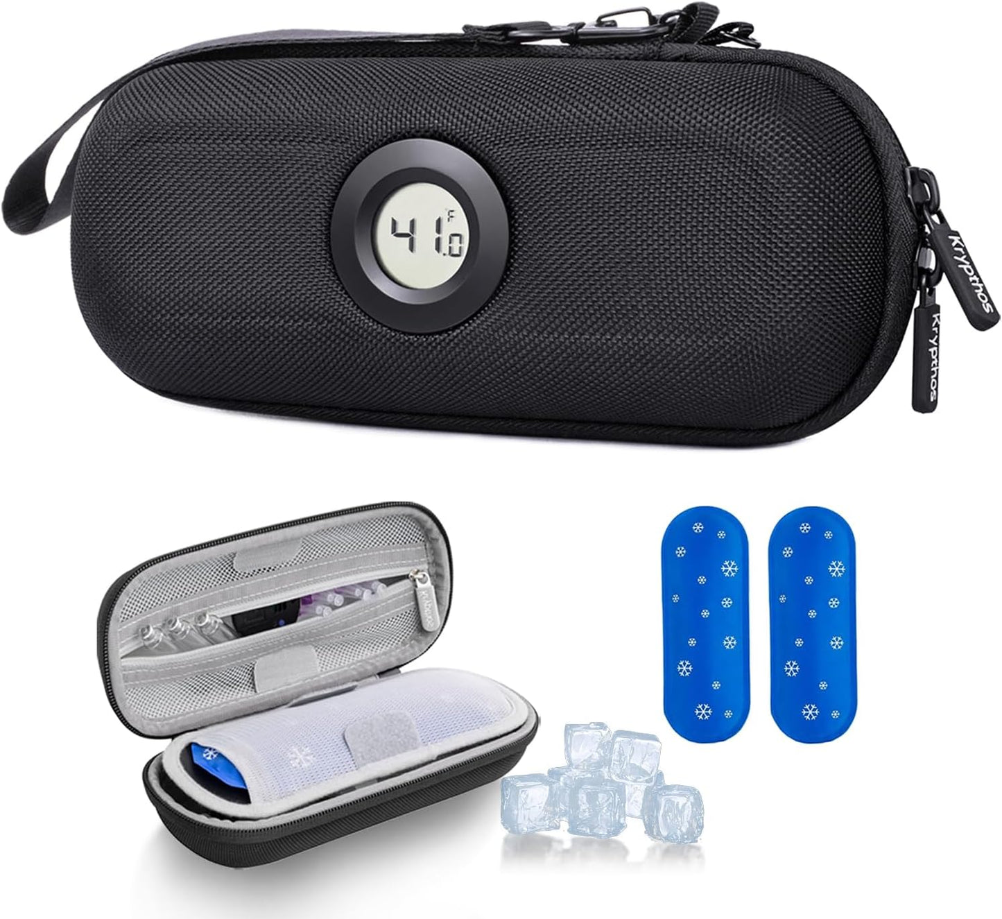 Krypthos Insulin Cooler Travel Case with Thermometer Temperature Display for Diabetic Care Storage, Refrigerated Medicine Organizer Bag with 2 TSA Approved Medication Cooler Ice Pack for Daily Trip