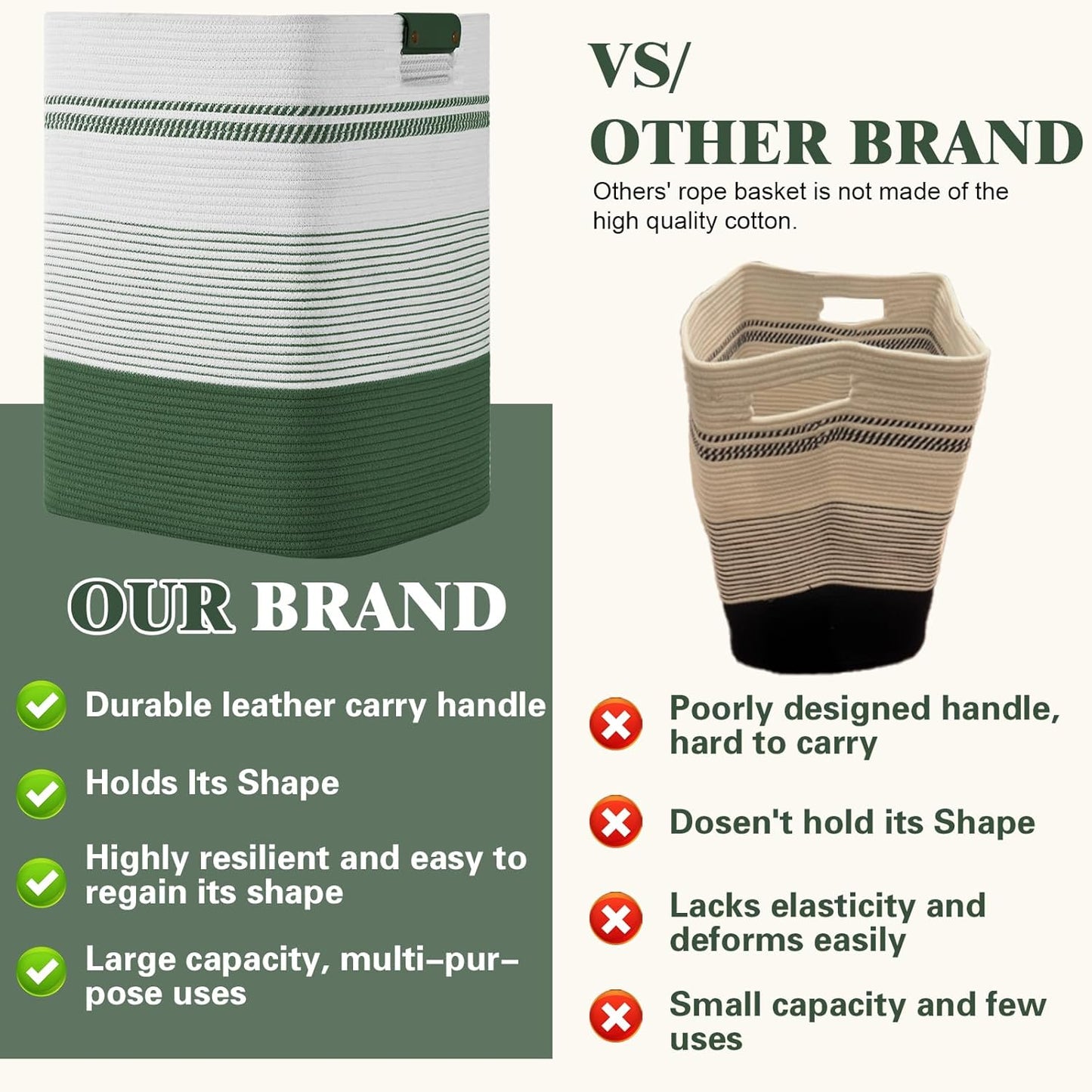 Laundry Hamper, 95L Tall Laundry Basket with Leather Handles, Rectangle Large Clothes Hamper for Organizing, Cotton Woven Laundry Baskets Storage Hampers for Bedroom, Nursery, Living Room