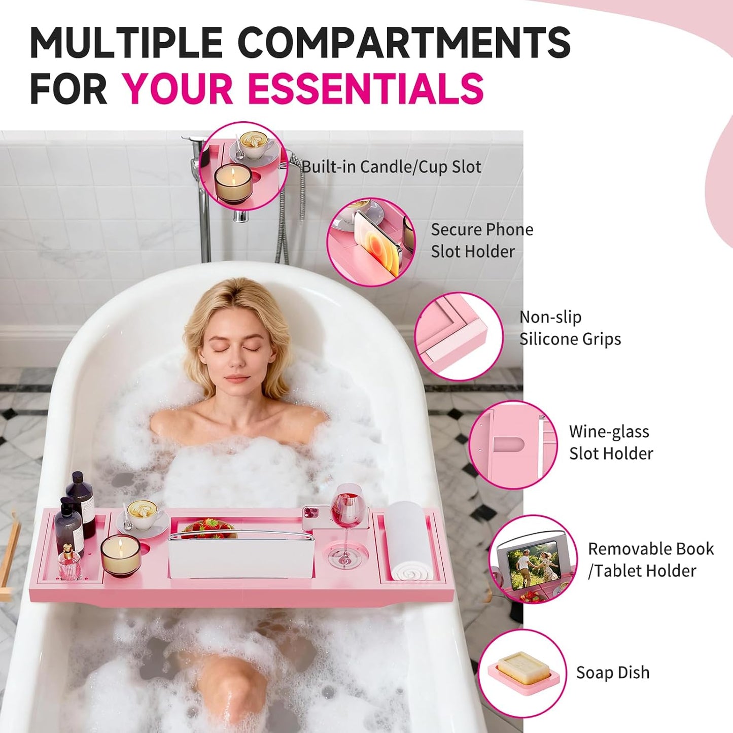 Foldable Bathtub Caddy Tray, Bamboo Bath Tub Tray Table for Tub with Wine Glass Holder Book Phone Tablet Holder with Extending Sides, Adjustable Bathroom Bathtub Free Soap Holder Gift Idea (Pink)