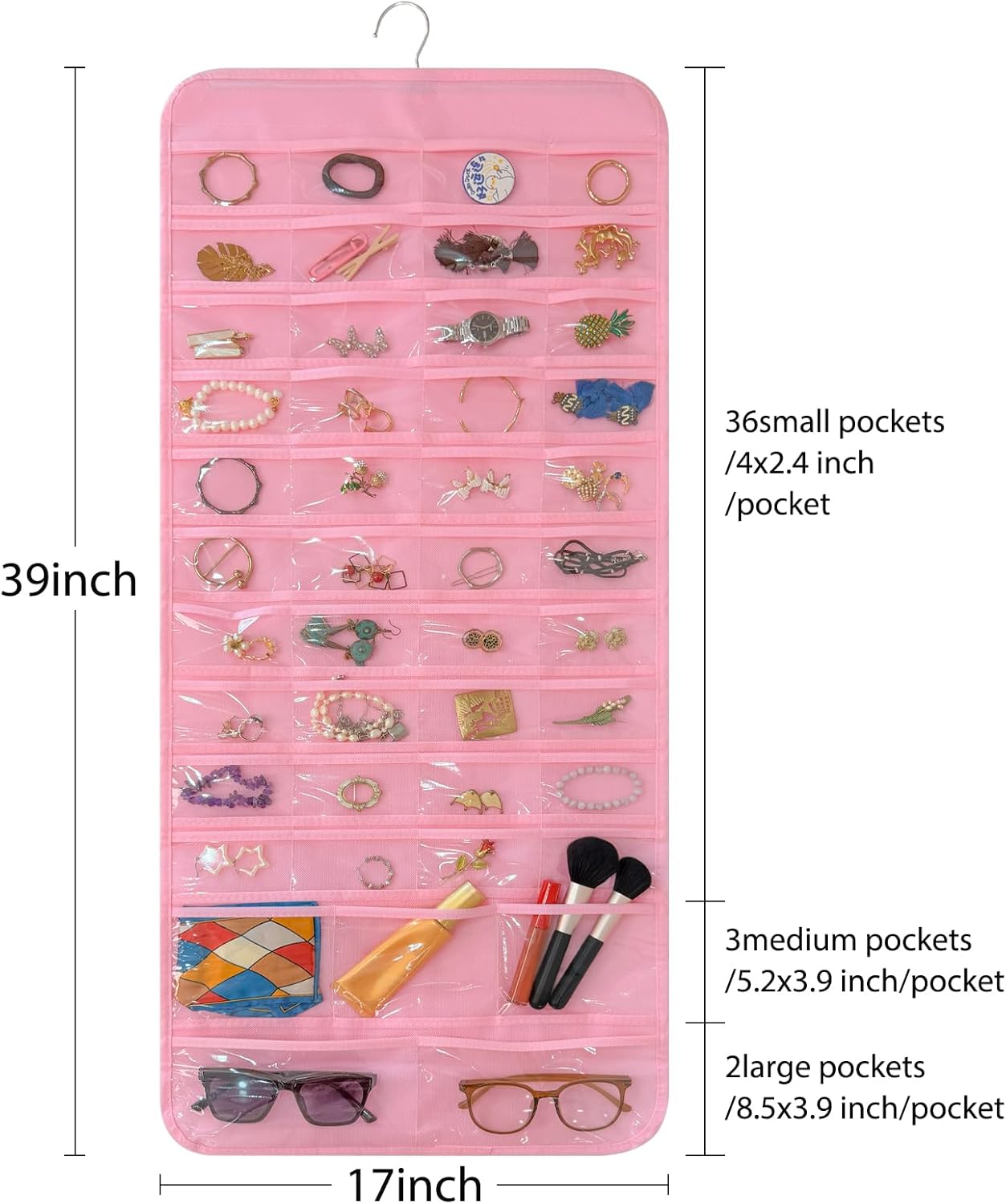 Bloss Hanging Jewelry Organizer With 90 Pockets,Earring Holder Organizer Storage For Valentine's Day Gift,Double-Sided Jewelry Holder for Earrings, Necklaces, Rings on Closet,Wall,Door(Pinck)