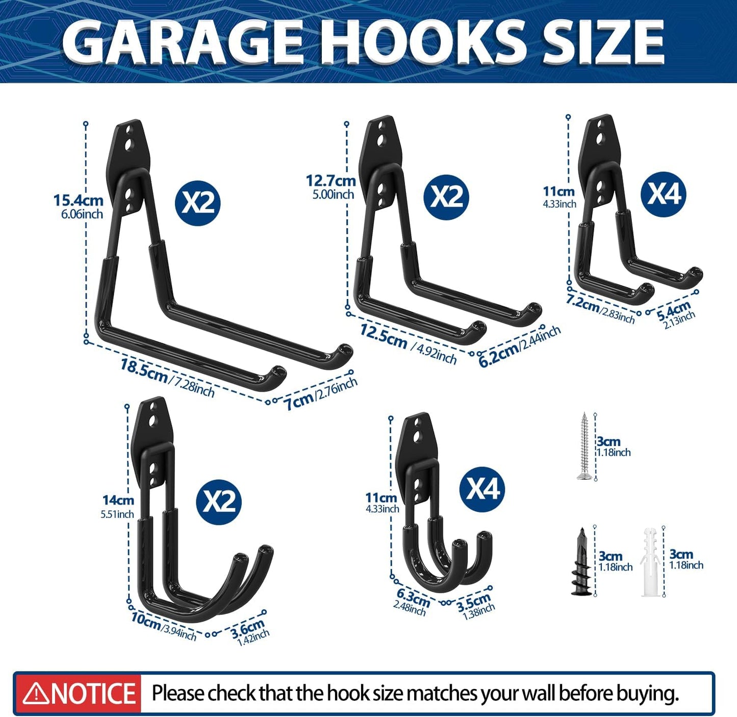 3-H Garage Wall Hooks 14 Pack, Garage Hooks Heavy Duty with Extra Welding Spots, Wall Mount Storage Organizer for Hanging Garden Lawn Tools, Ladder, WeedEater, Chair, Shovel, Blower (Black)