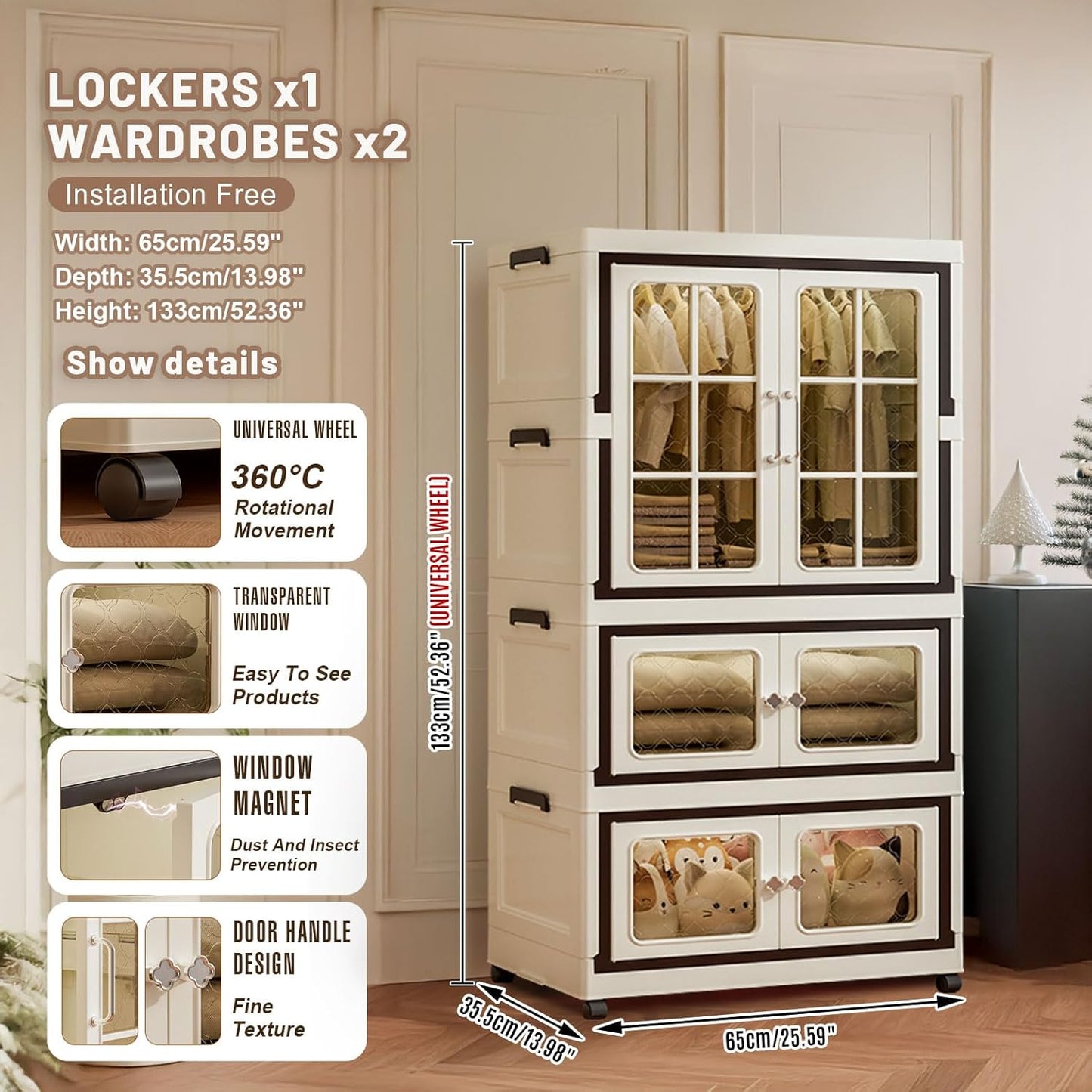 SunSettler 4 Tier Storage Bins with Lids, Stackable Closet Organizers with Wheels, Collapsible Storage Boxes, Foldable Plastic Containers for Home,Office, Dorm Room