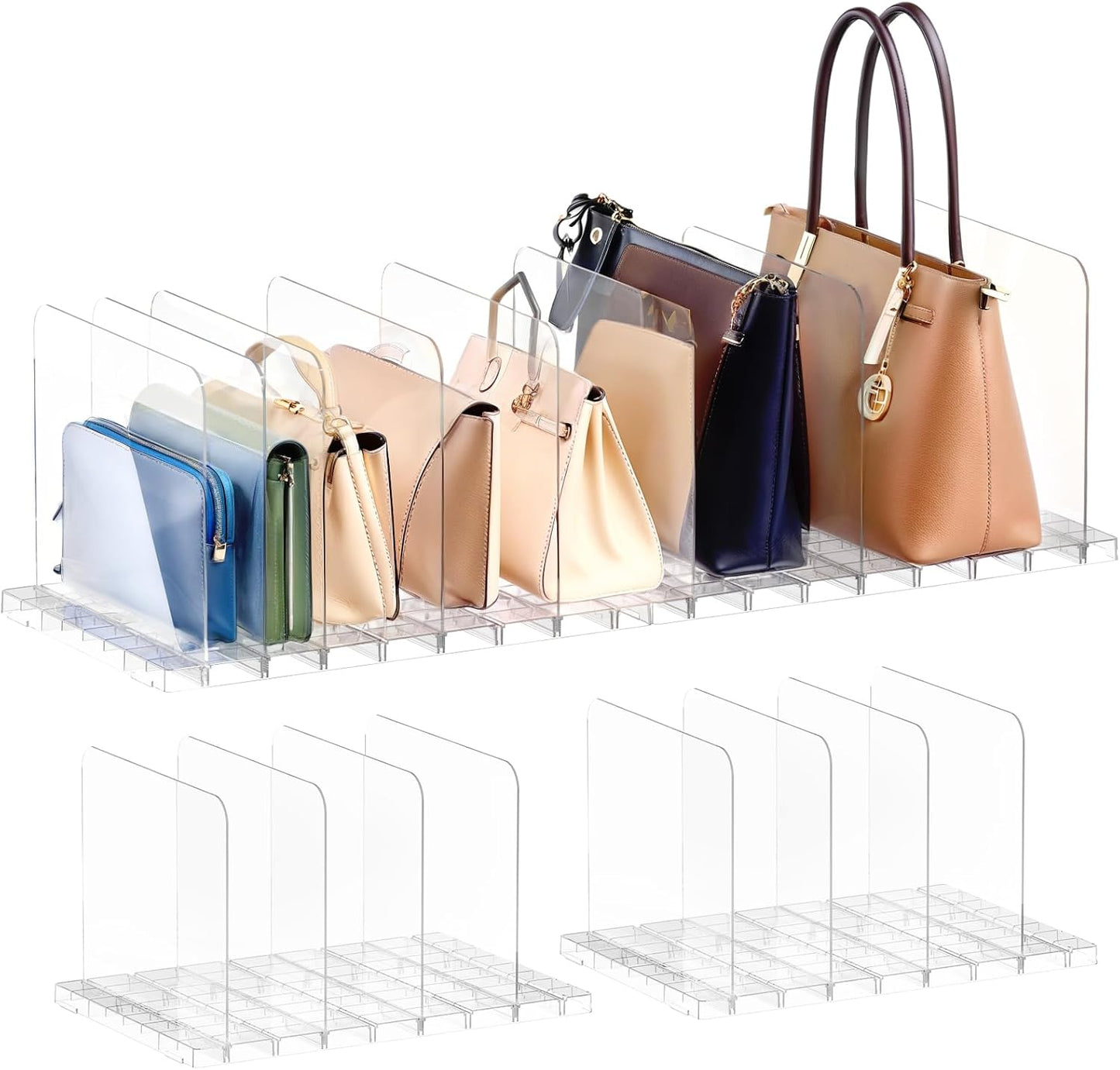 Purse Organizer for Closet, Stackable Handbag Storage Shelf, Adjustable Clear Shelf Dividers, Keep Clutch, Bag, Pocketbook Upright, for Bedroom