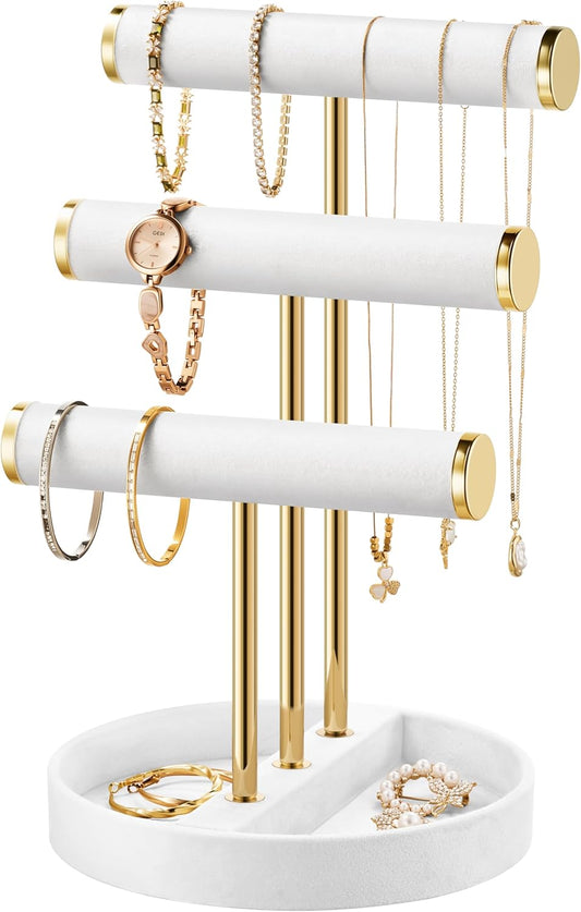 Bracelet Holder Jewelry Organizer Display - 3 Tier T Bar Velvet Stand, White Necklace Holder Organizer, Bracelet Holder, Earring Holder and Ring Display for Jewelry Organizers and Storage