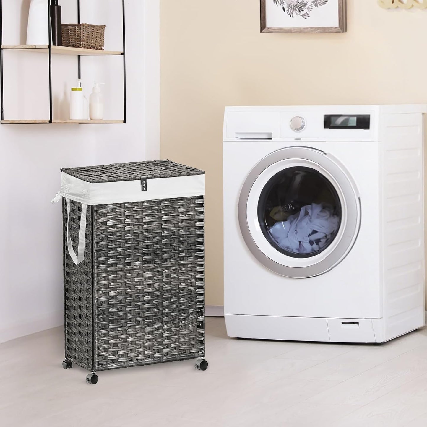 88L Slim Laundry Hamper with Wheels, 23.3 Gallon Rolling Laundry Basket with Lid, Tall and Narrow Laundry Hamper with 2 Removable Liner & 3 Mesh Bags, Laundry Sorter for Bathroom, Grey