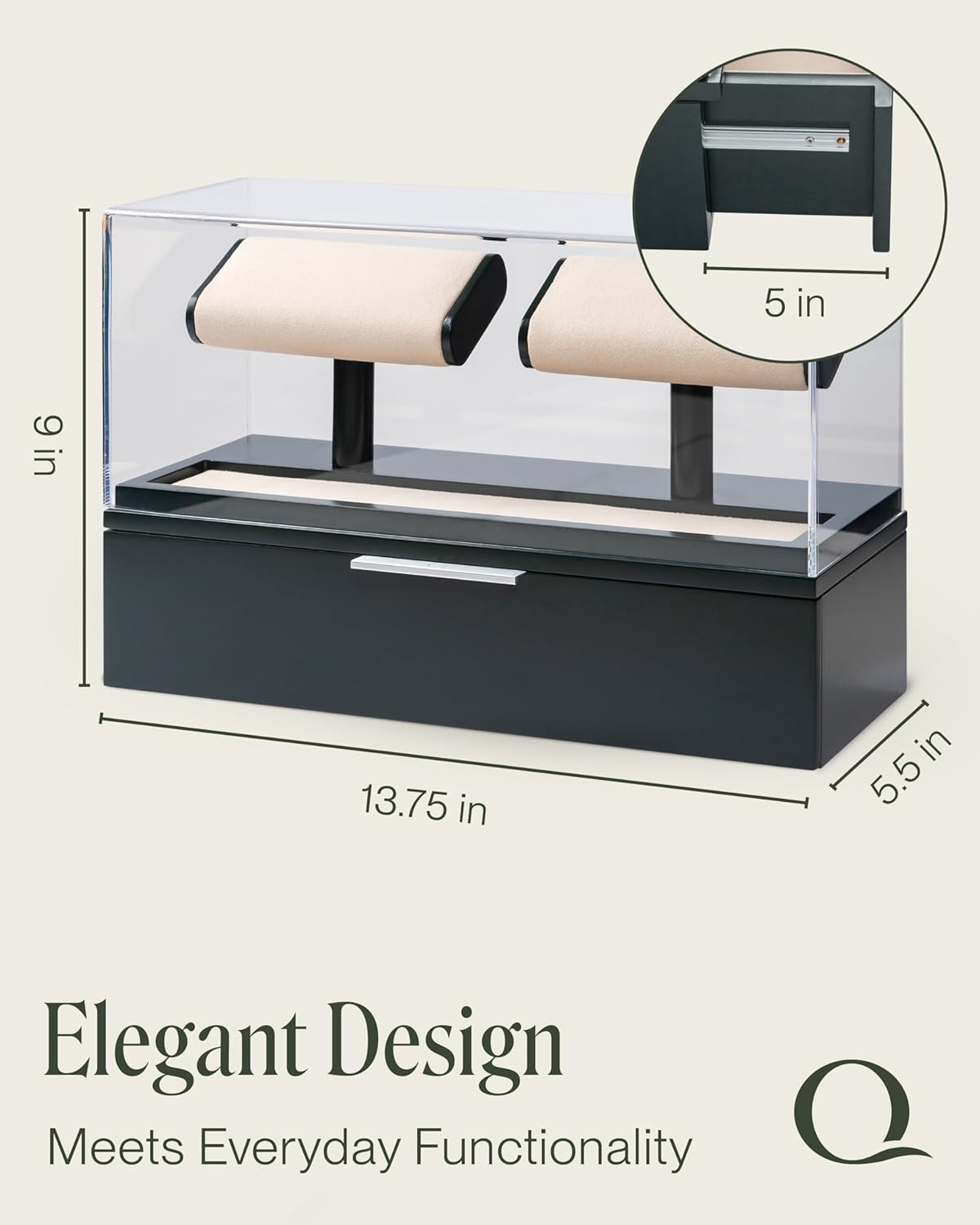 QWATCH Watch Stand Display Case - Acrylic Watch Box for 2 or 4 Watches with Jewelry Valet Tray and Drawer