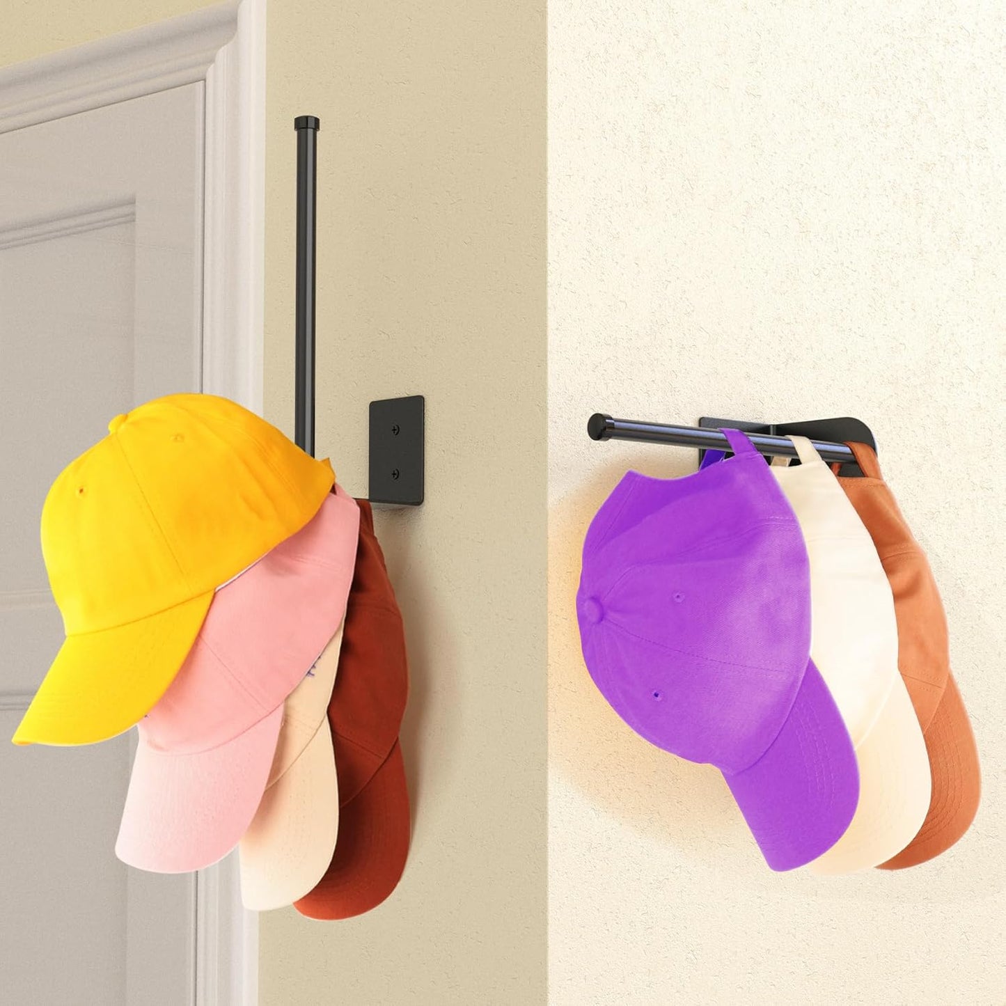 2 Pack Black Hat Racks for Baseball Caps, Stainless Steel Hat Organizer for Baseball Cap, Hat Holder Storage Organizer, Hat Hanger Strong Adhesive/Wall Drilled for Door, Bedroom, Closet(8.26 in)