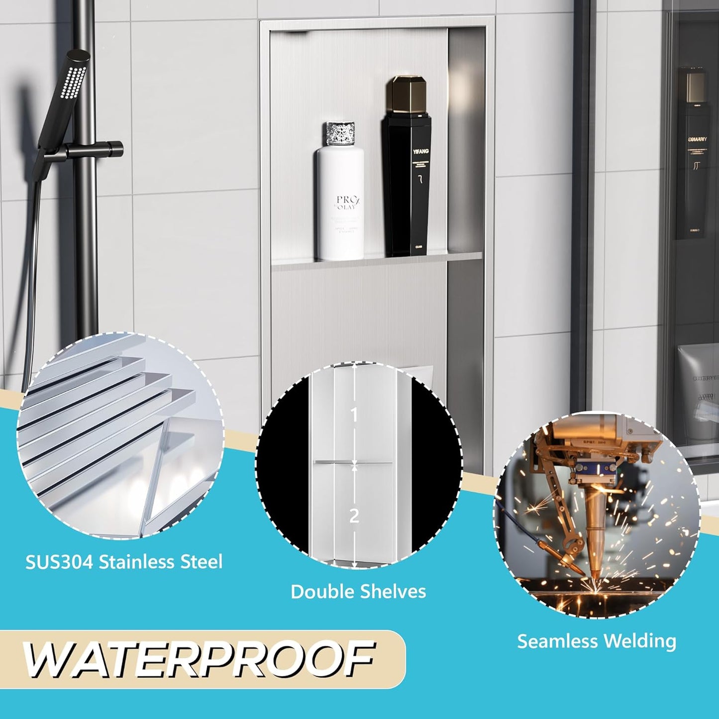 Stainless Steel Shower Niche 24" X 12", No Tile Needed Wall Niche Double Shelves, Recessed Niche Shower for Bathroom Storage, Brushed Nickel