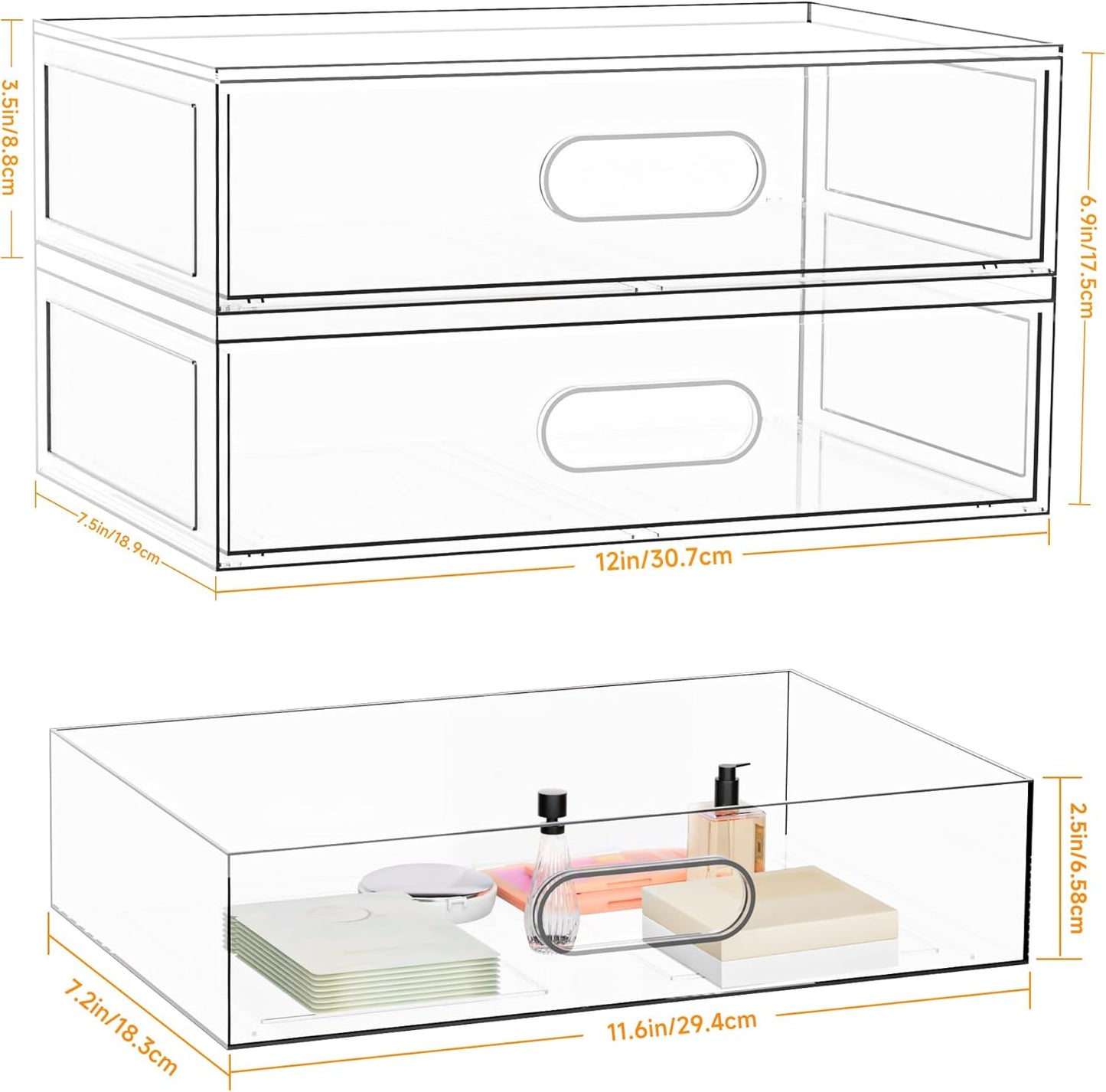 2 Pack Clear Makeup Storage Drawer, 12''W Stackable Bathroom Organizers and Storage Drawer, Acrylic Cosmetic Display Case For Vanity, Undersink, Cabinets, Desk Organizer