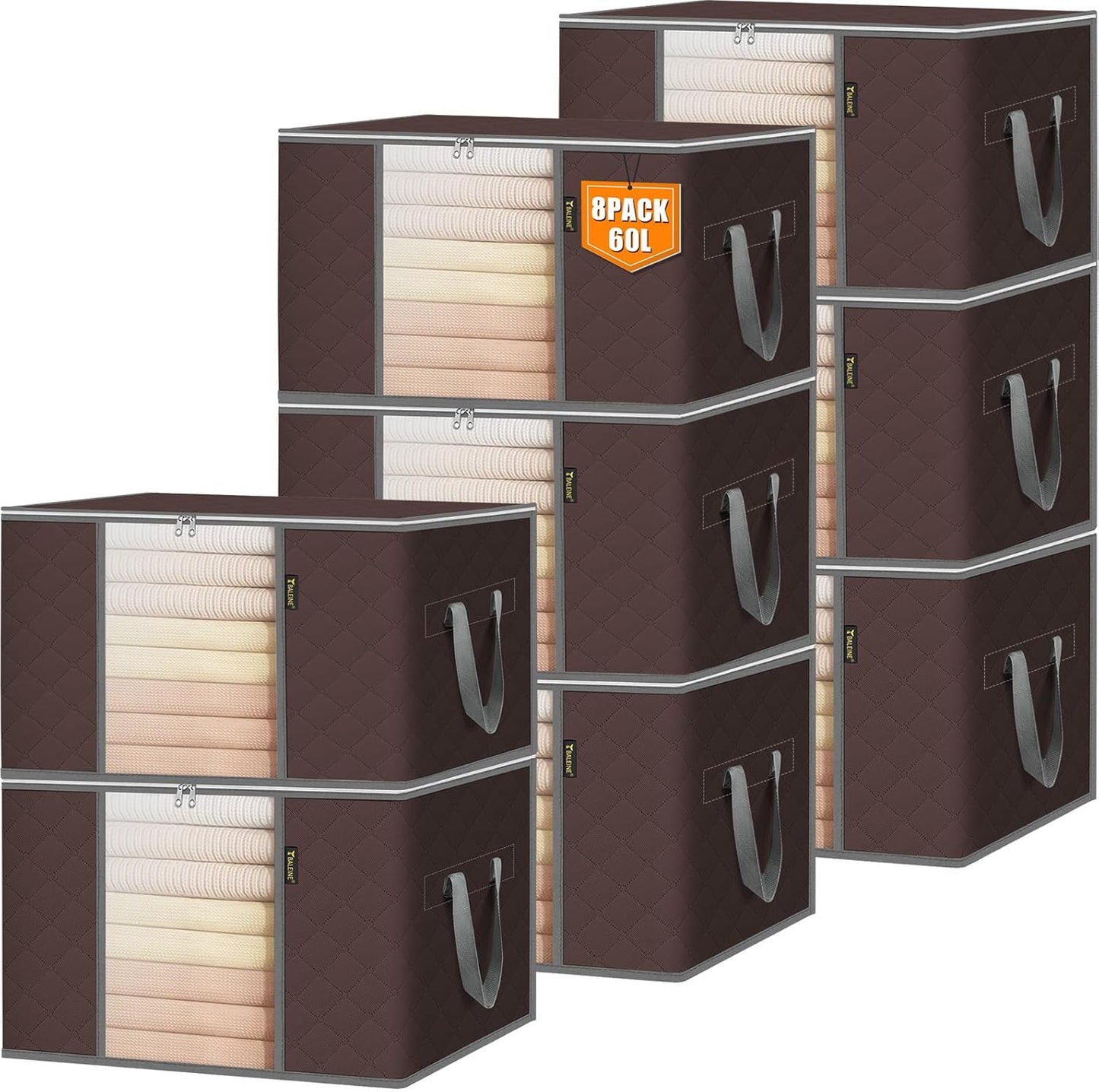 BALEINE 8 Pack Clothes Storage Bags, 16 Gallon Storage Containers with Reinforced Handle, Sturdy Zipper, Closet Organizer for Blanket, Comforter, Pillow, Bedding (Brown, 8 Pack)