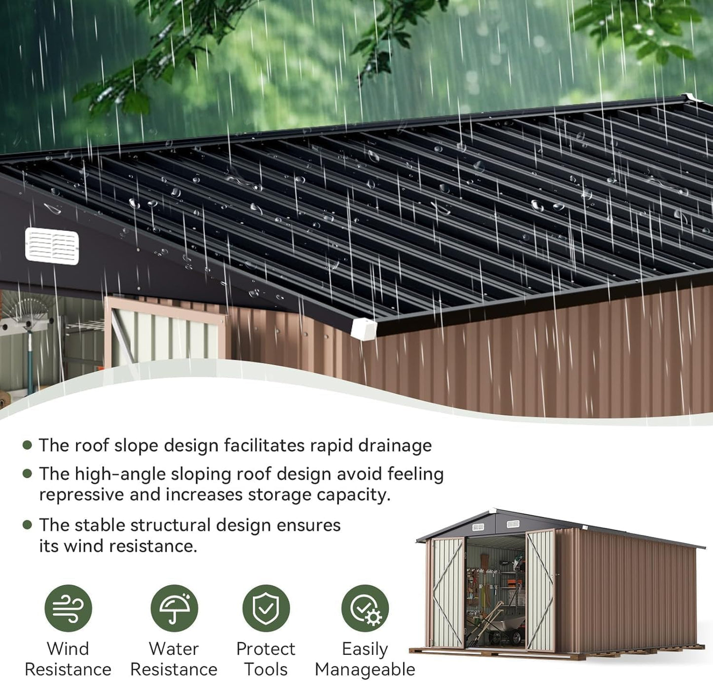 Aoxun 10 x 8FT Outdoor Storage Shed with Double Hinged Large Door Utility Garden Shed with Lockable Door & Sloped Roof Metal Sheds Outdoor Storage for Garden, Backyard, Patio and Backyard, Brown