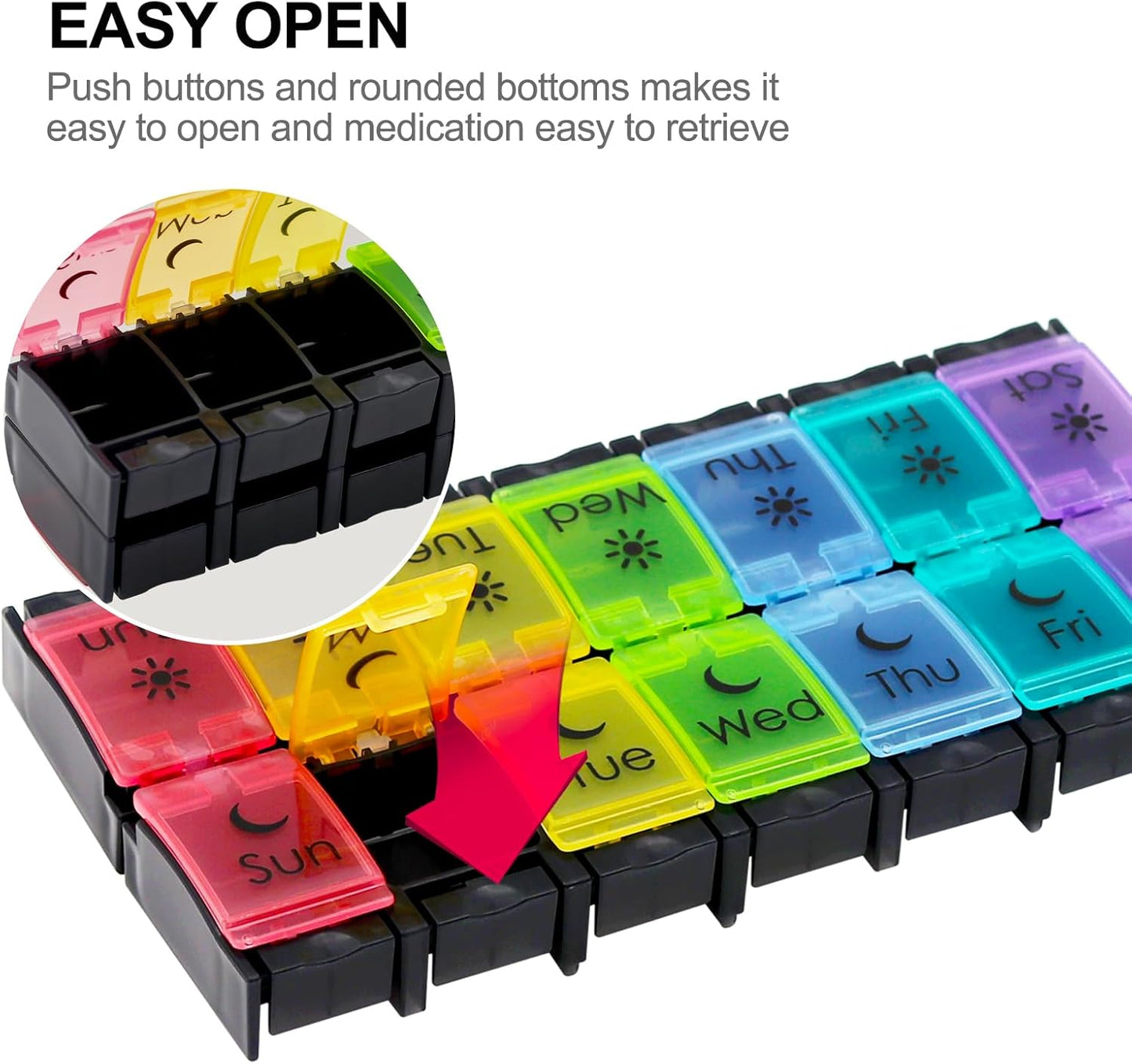 Large Pill Organizer 7 Day with Spring-Open Design- Weekly Pill Organizer 2 Times a Day with AM PM Big Compartments Pill Box for Supplements Pill Container Holder for Vitamins Medicine Organizer