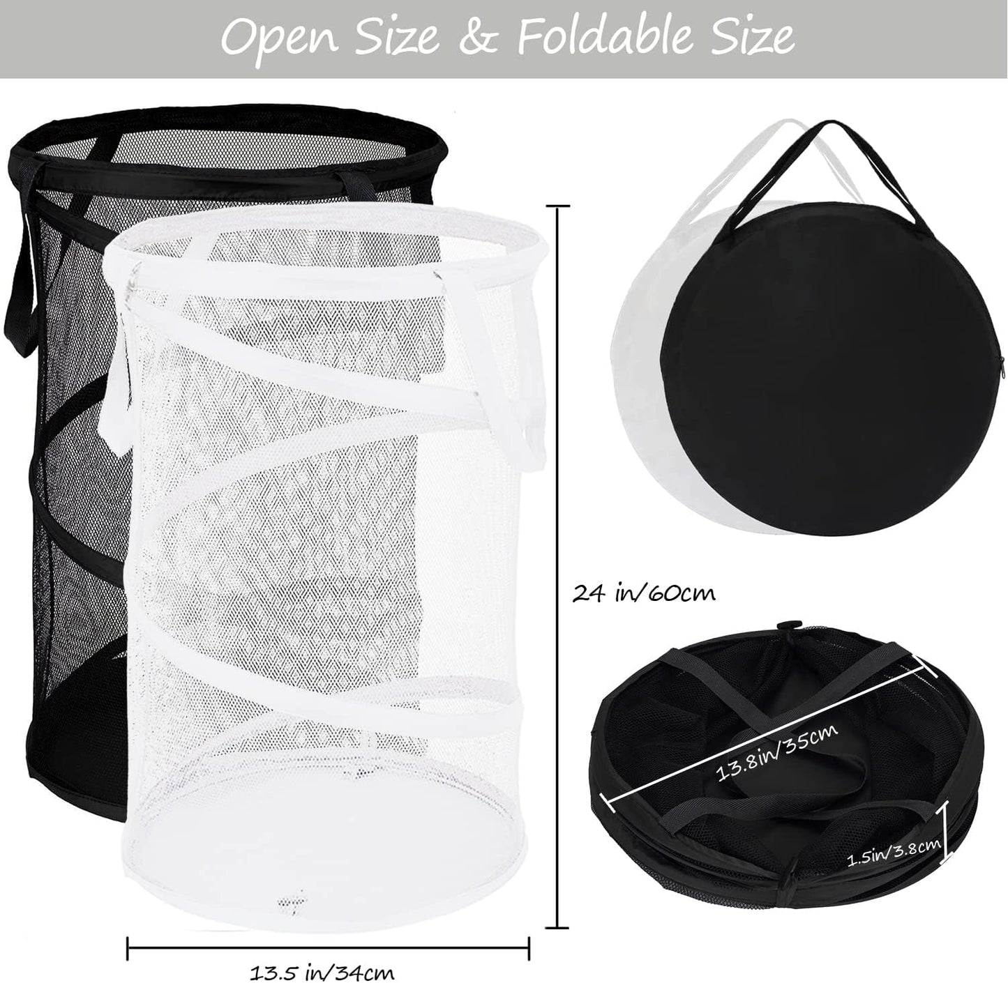 BATTOO 2 Pack Large Collapsible Laundry Basket Foldable Mesh Pop Up Hamper with Handles for Laundry Room, Bathroom, Kids Room, College Dorm, Travel, Storage Organizer Black+White