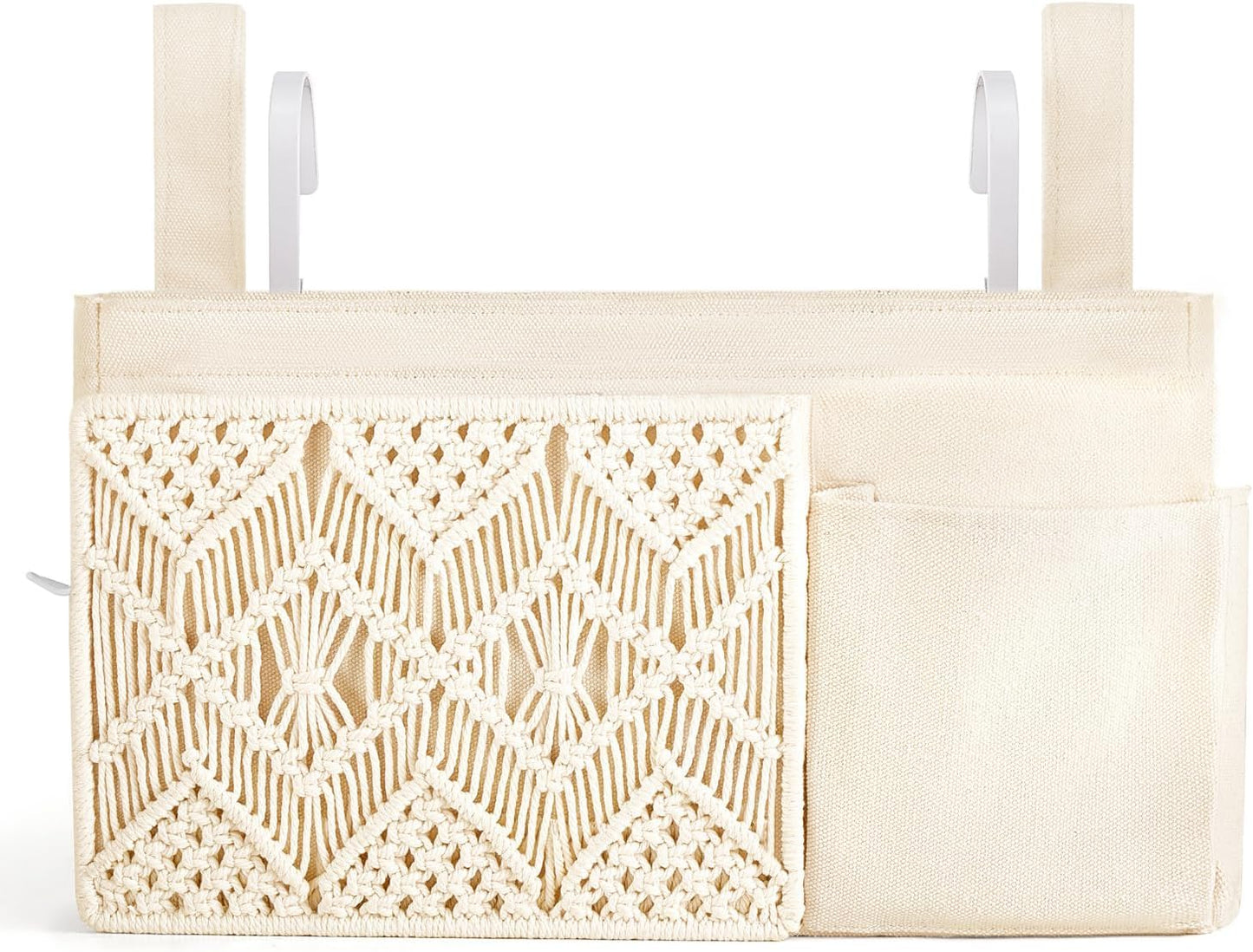 Mkono Bedside Caddy Hanging Organizer, Boho Macrame Storage with Fixed Straps and Hooks, 4 Pockets Holder Remote Magazine Accessories for Home Loft Bunk Bed, Dorm, Hospital Beds