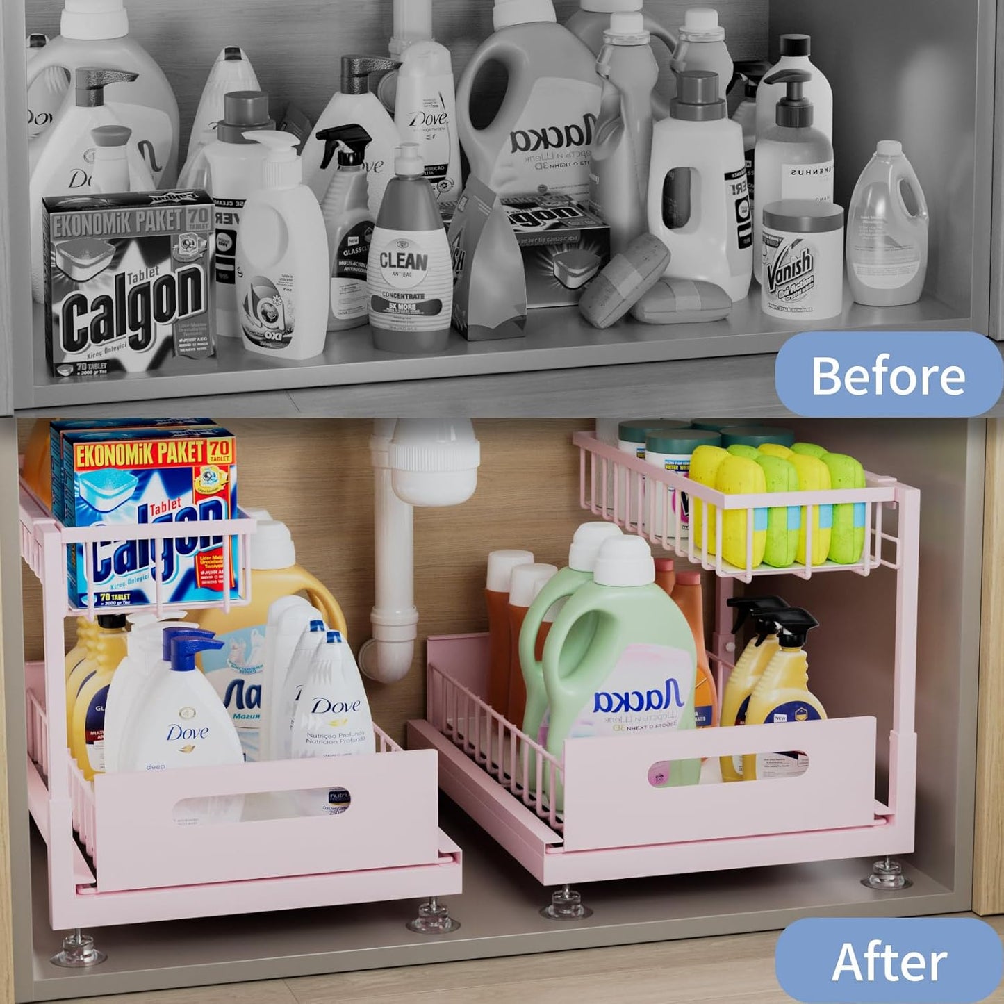 Under Sink Organizer Storage 2-Tier Premium Metal Pull-Out Racks, Height Adjustable, Easy Installation | Kitchen & Bathroom Organizers Pack of 1