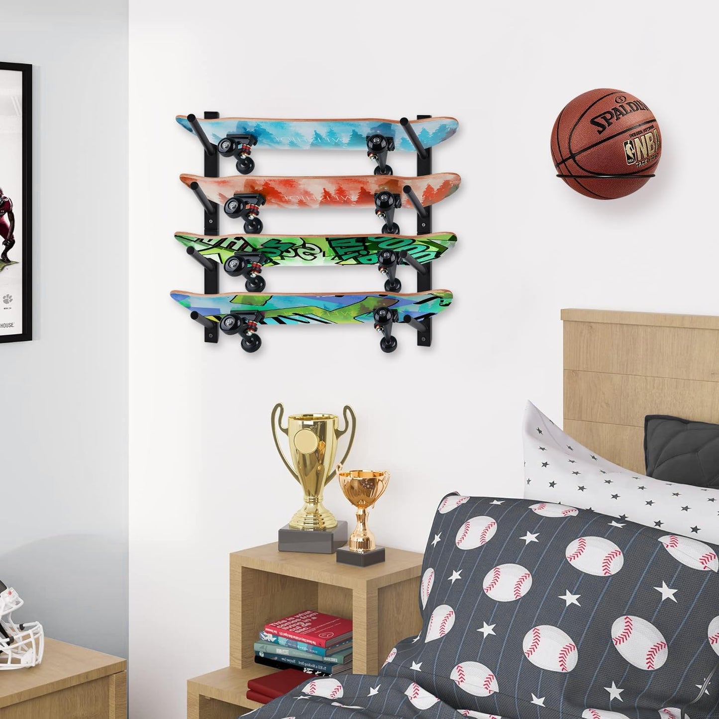 BiJun Skateboard Wall Mount, Snowboard Wall Mount Display, Horizontal Ski Wall Rack, Skateboard Rack Storage Holder Longboard Hanger