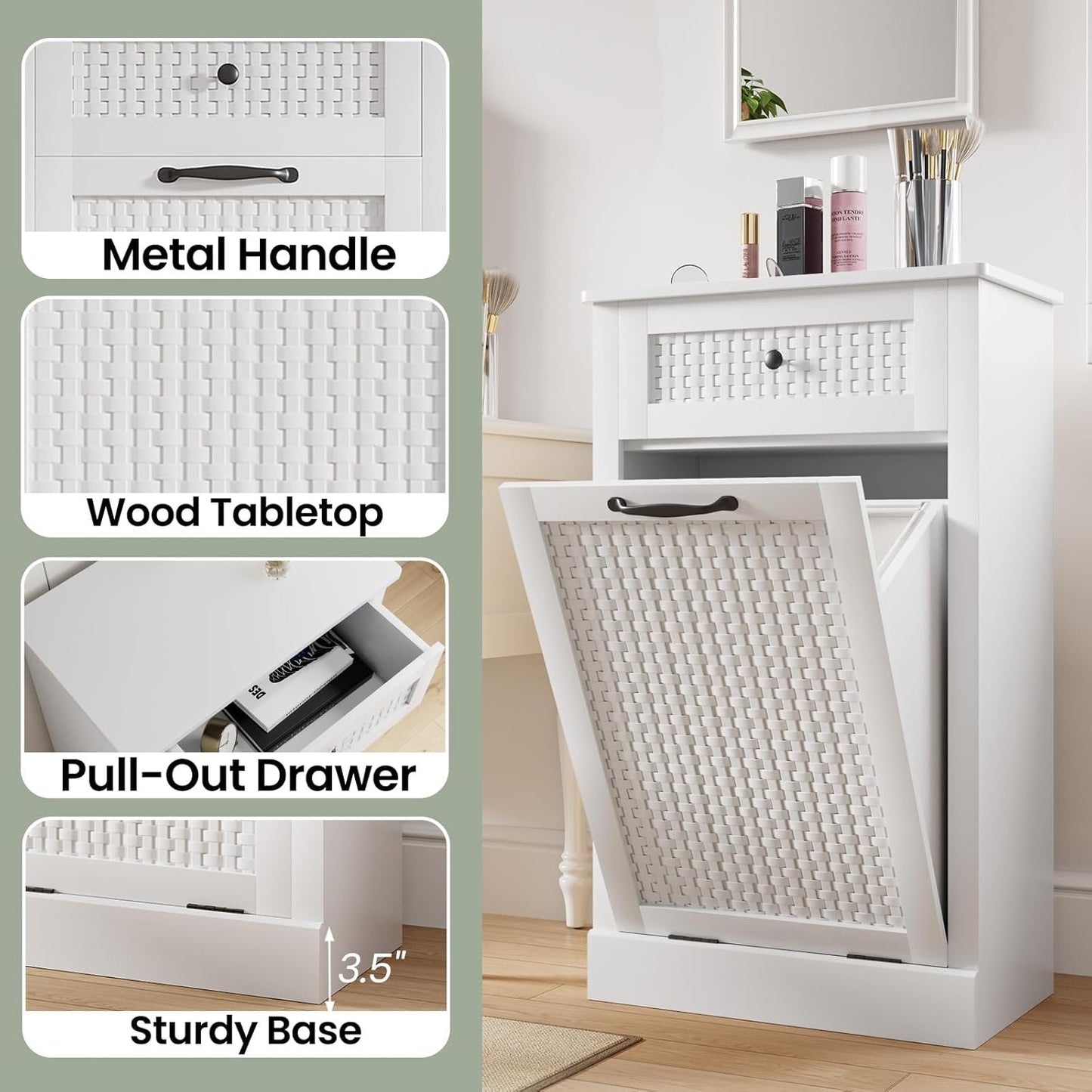 Tilt Out Laundry Hamper Cabinet,10 Gallon Laundry Cabinet with Drawers ＆ Hidden Baskets, Farmhouse Laundry Storage Basket for Laundry Room, Bathroom, Kitchen, White