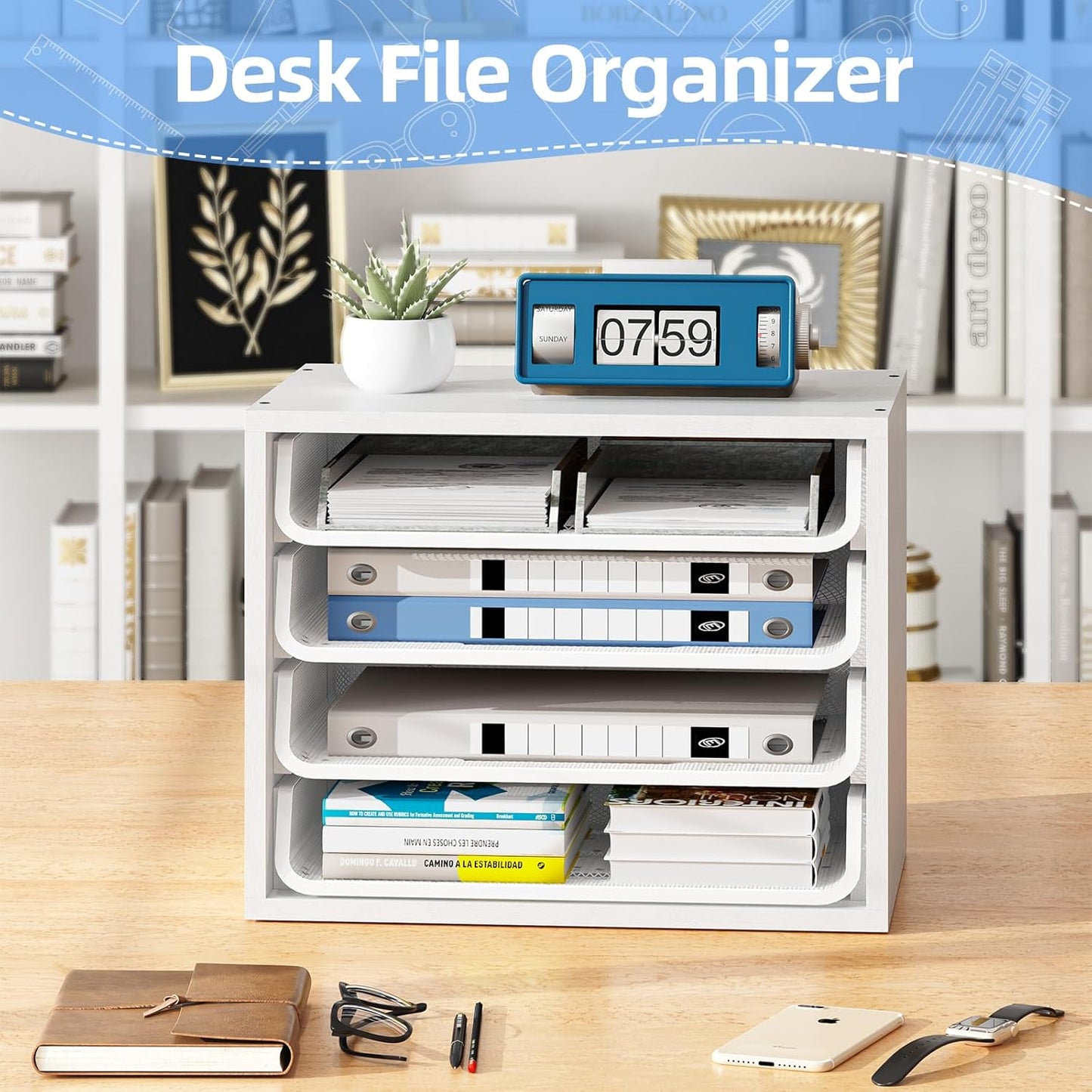 Simple Trending Desk File Organizers, 4-Tier Letter Tray Paper Organizer with File Holder, Wooden Paper Sorter for Office Supplies, White
