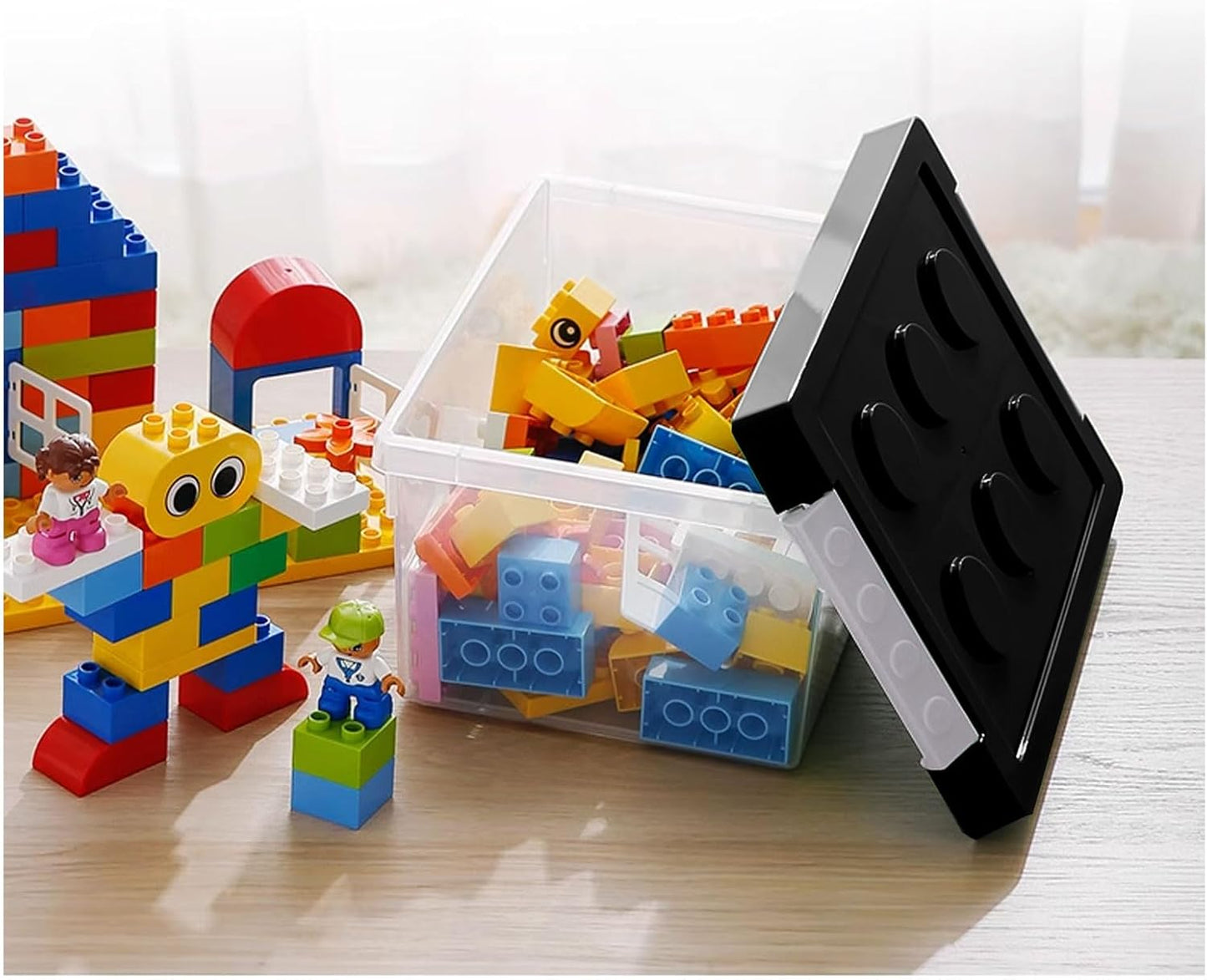 loobuu Plastic Storage Bins with Lids - Stackable Toy Storage Organizer Box Set of 2, Toy Chests with Compatible Building Baseplate and Lid, Storage Container for Building Bricks & Toys- Black