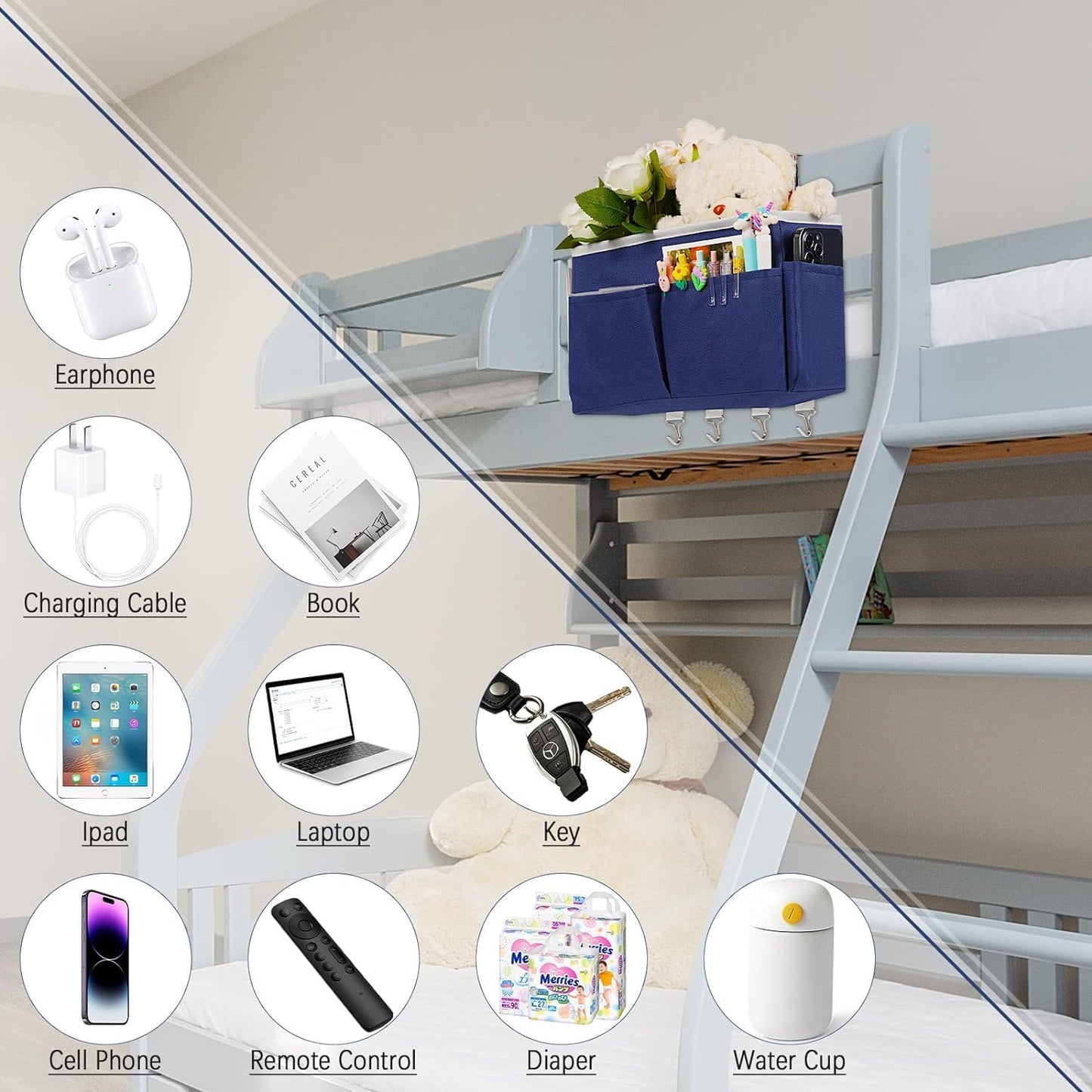 Bedside Storage Organizer 5 Pockets with 4 Hooks Hanging Storage Bag for Headboards/Bunk Bed (2Pack Dark Blue)