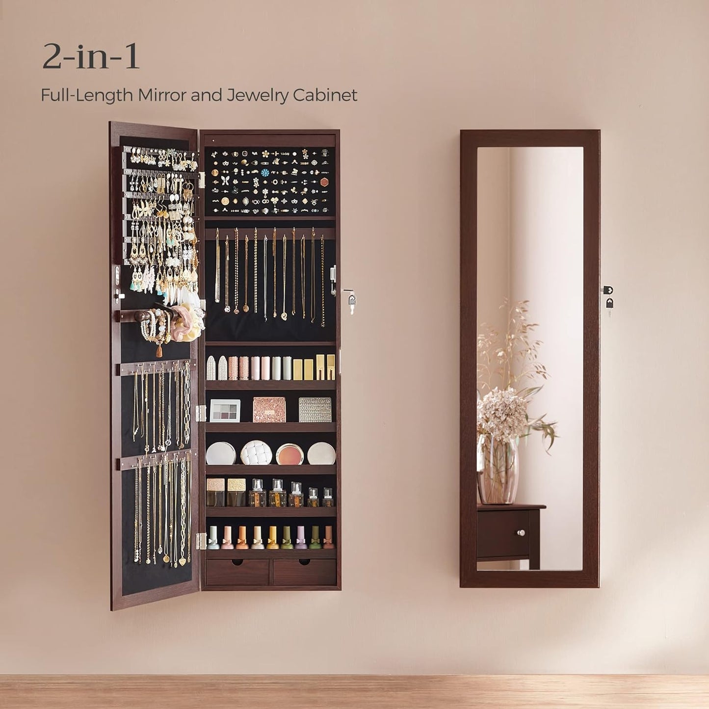 SONGMICS 6 LEDs Mirror Jewelry Cabinet, 47.2-Inch Tall Lockable Wall or Door Mounted Jewelry Armoire Organizer with Mirror, 2 Drawers, Christmas Gift, 3.9 x 14.6 x 47.2 Inches, Brown