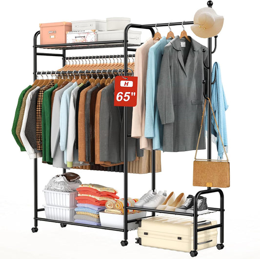 3-In-1 Clothes Racks For Hanging Clothes with Coat Rack, Heavy Duty Clothing Rack with Shelves Load 620Lbs, Portable Garment Racks with Lockable Wheels, Multi-Functional Closet Rack For Bedroom