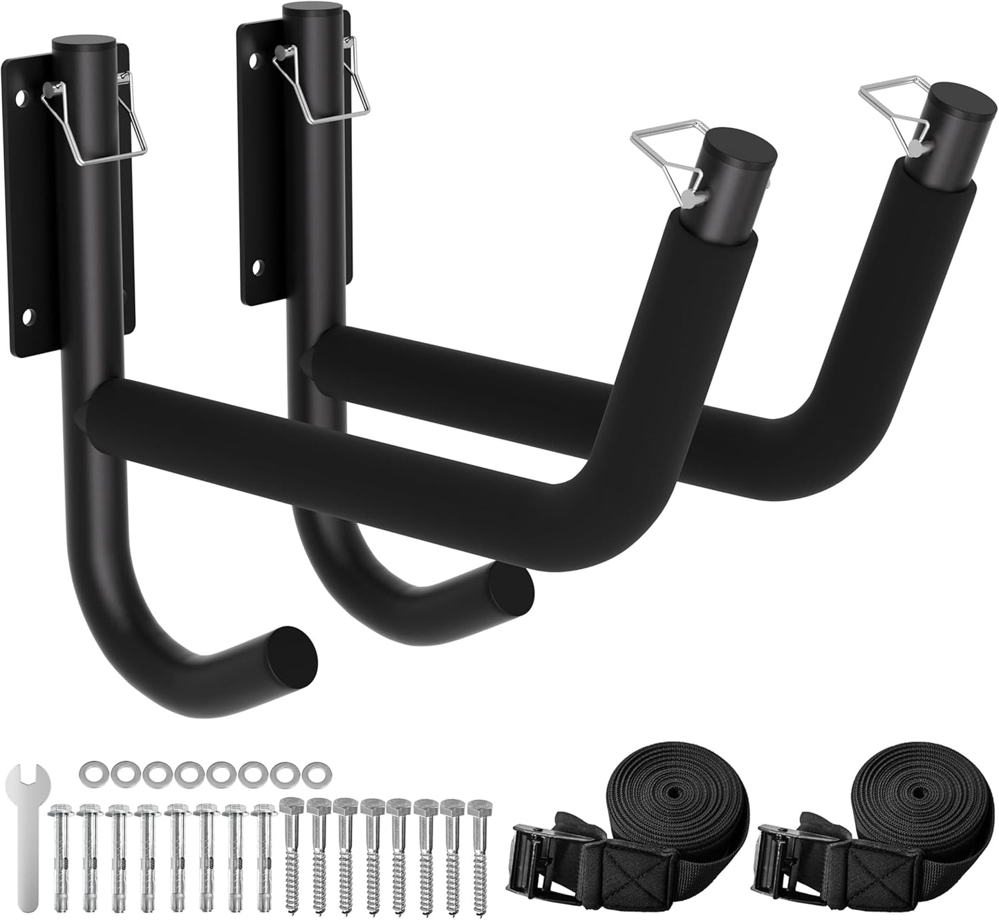 Kayak Wall Rack 2 Pack, Heavy Duty Kayak Hooks for Garage Wall Mount Storage, 300 LB Capacity Kayak Wall Hanger with Fixing Straps and Paddle Board Holder for Kayak, Canoe, Ladder, Surfboards