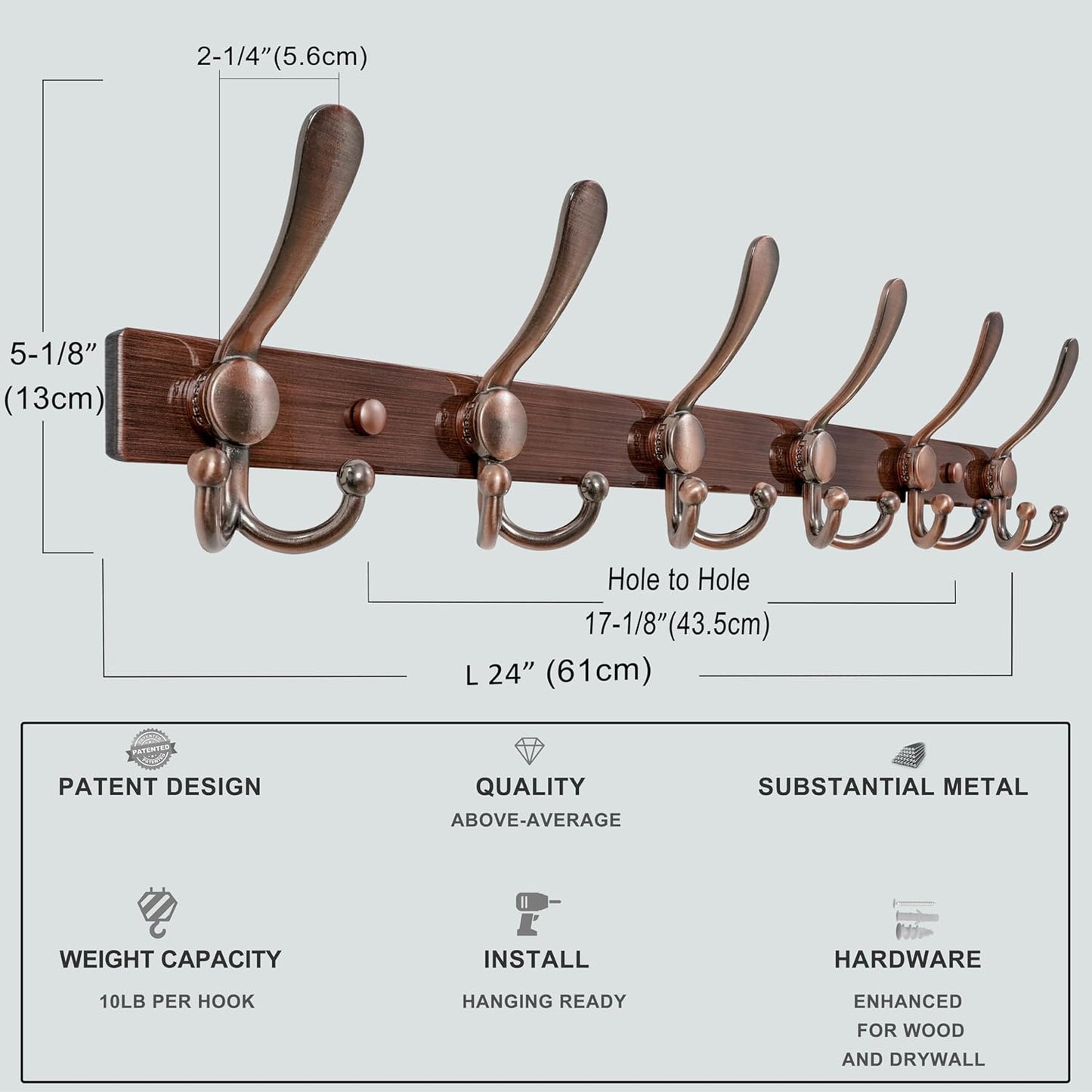 Dseap Coat Rack Wall Mount 2.0 Pro: 24” Long, 3X Tougher, Heavy Duty Stainless Steel Wall Coat Hanger with 6 Tri Hooks for Clothes Jackets Hats Entryway Closet, Antique Copper