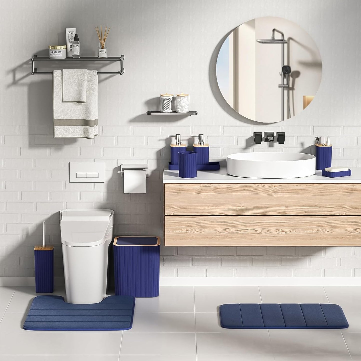 Bathroom Set - 25PC Blue Bathroom Set with Shower Curtain and Rugs, Bathroom Accessories Set, Blue Shower Curtain Set with Bathroom Trash Can