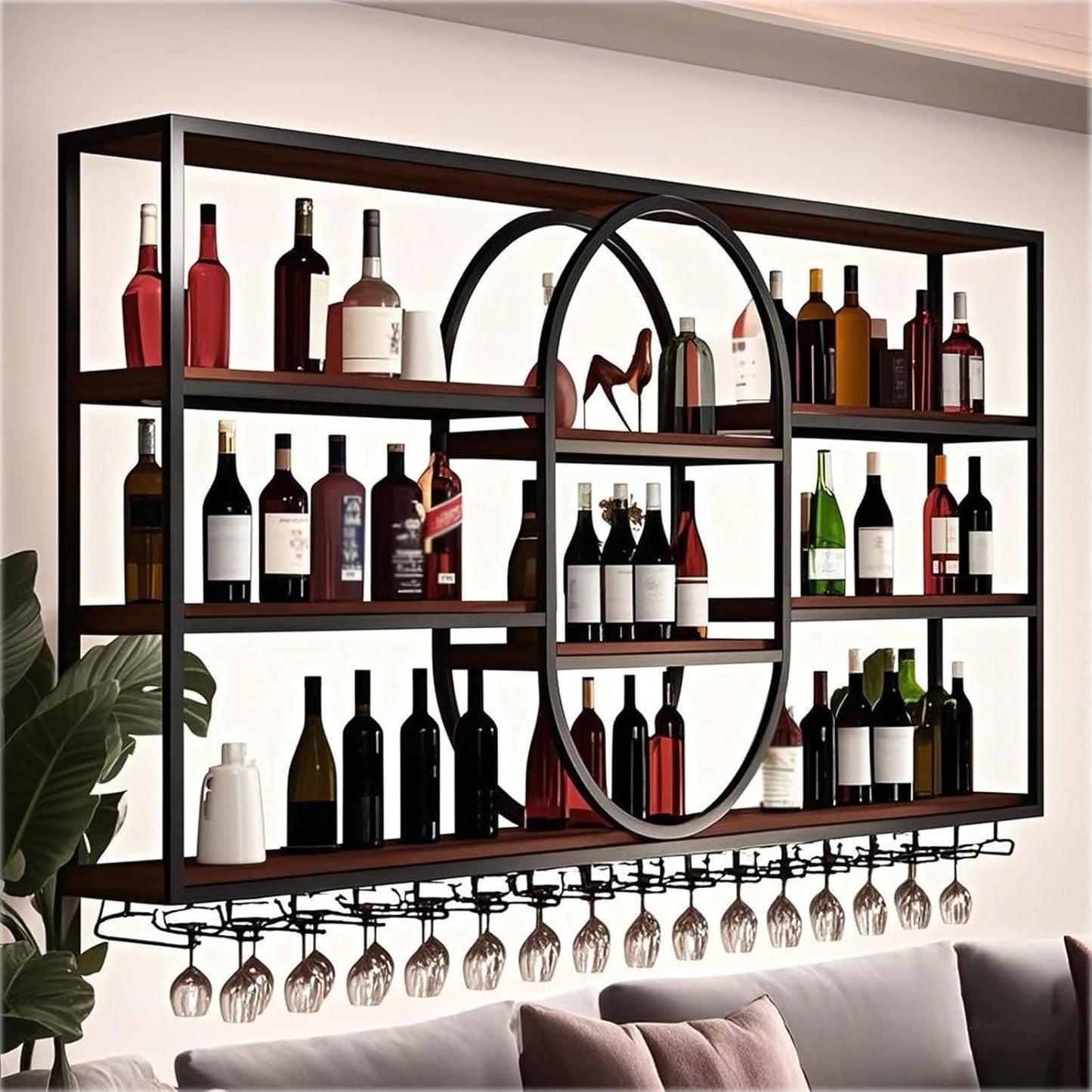 Large Wall Mount Wine Rack, Metal 4 Tier Large Capacity Hanging Bar Rack with Wine Glass Holder, Oval Wine Bottle Storage Display Rack for Kitchen, Living Room, Home (Black, 140cm/55.1in)