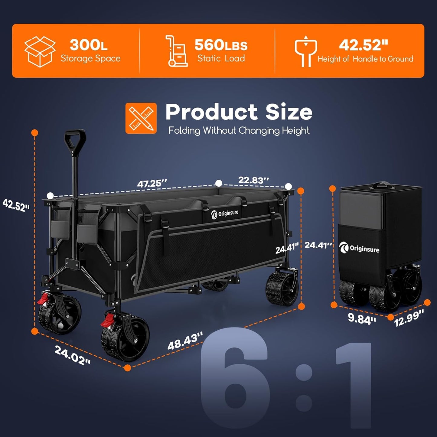 48" L Folding Beach Wagon Cart Foldable, 560lbs Weight Capacity 300L Heavy Duty Collapsible Wagons with Big All-Terrain Wheels, Utility Carts for Groceries, Shopping, Camping, Sports - Grey&Black