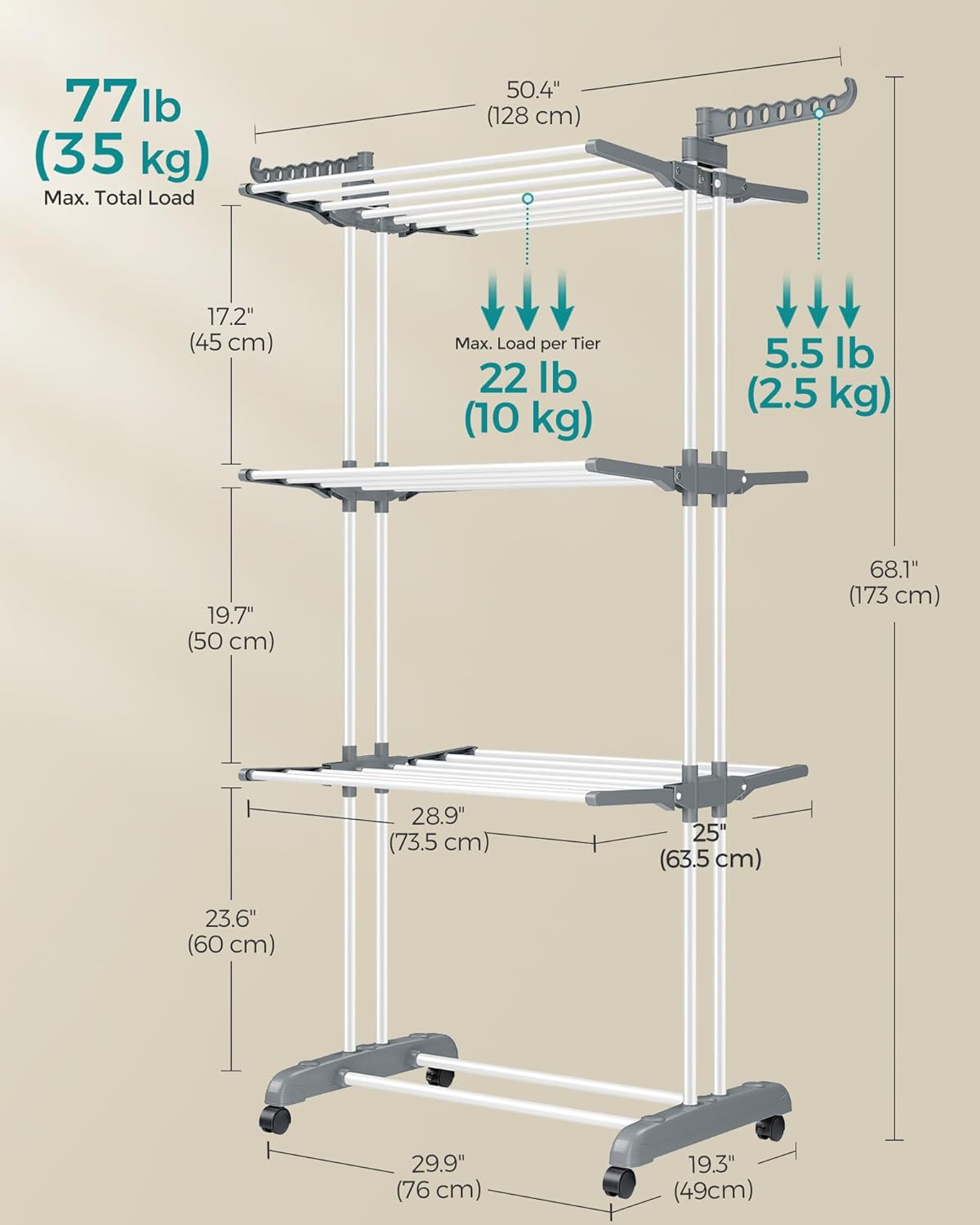 SONGMICS Clothes Drying Rack Stand 4-Tier, Foldable Laundry Drying Rack 68.1-Inch Tall, Steel, Rolling Clothes Horses Dryer Rack, Easy to Assemble, Indoor Outdoor Use, White ULLR701W01