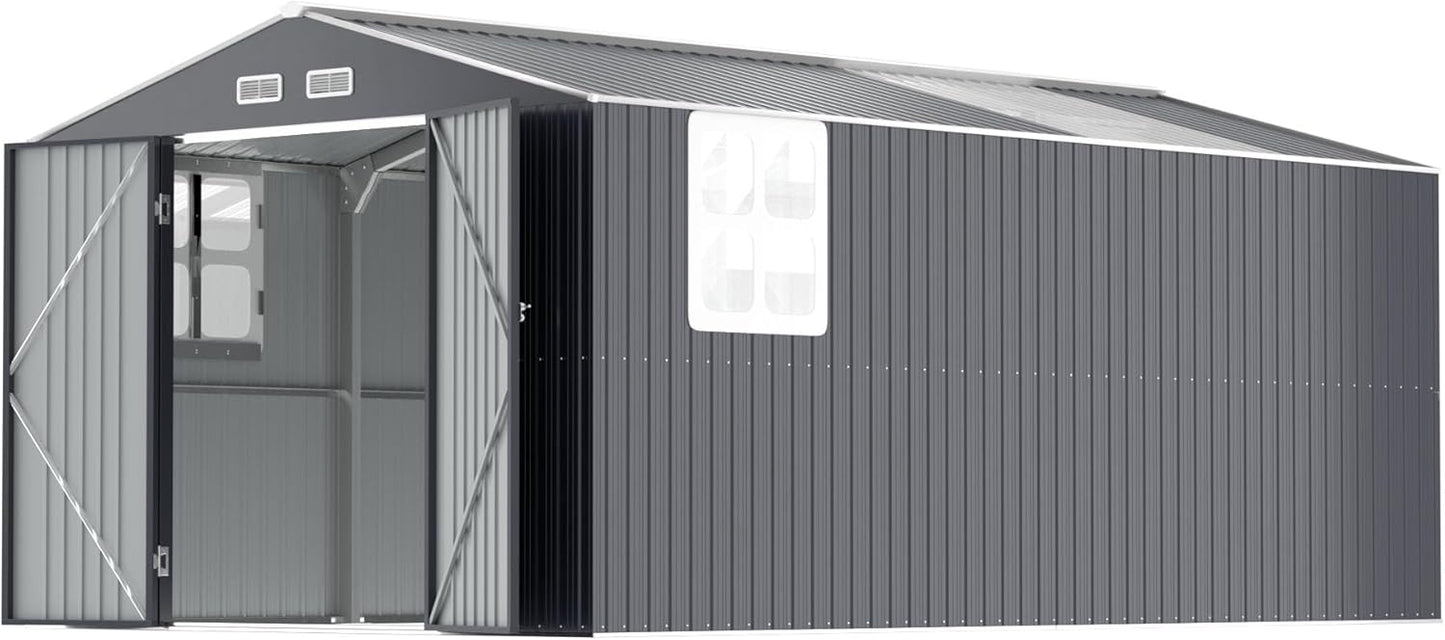 Metal Shed 10x16 FT Big with Heavy-Duty Reinforced Steel Frame and Customizable Skylight, Lockable Doors, 4-Pane Windows,Large Outdoor Storage for Garden, Tools, and Utility