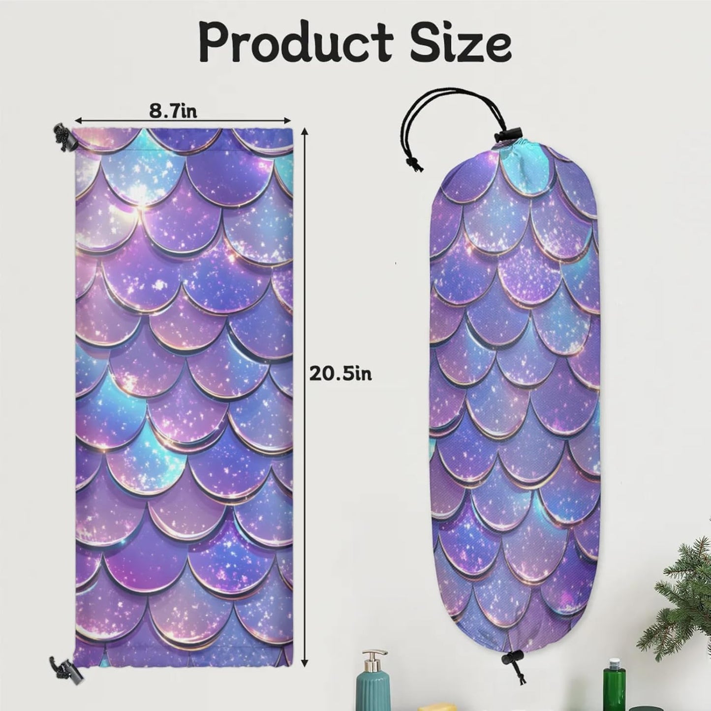 Purple Mermaid Scales Plastic Bag Holder 2 Pcs Grocery Bag Organizer Reusable Trash Bags Organizer Wall Mount Washable Kitchen Dispenser Holders with Drawstring Closure
