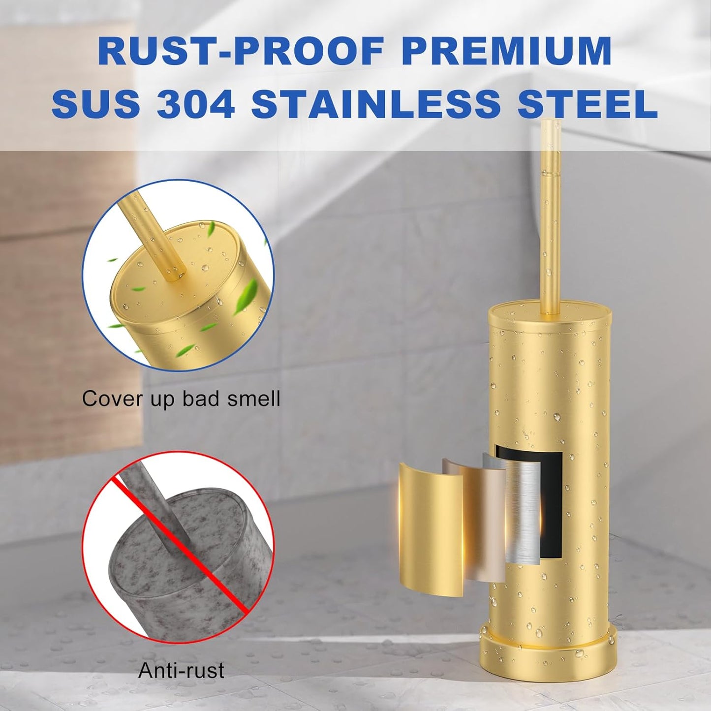 Toilet Brush and Holder Set: 304 Stainless Steel Brushed Gold Toilet Bowl Brush and Holder with Removable Inner Bowl and Splash Protection, Heavy Duty Long Handle Bathroom Cleaning Tool