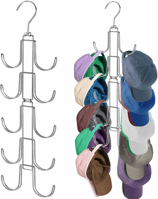 Hat Organizer for Closet, Collapsible Caps Rack with 10 Rotatable Large Hooks, Holds Up to 40 Baseball Caps, Metal Space Saving Hat Hanger for Display, Storage and Closet Organizers, Silver