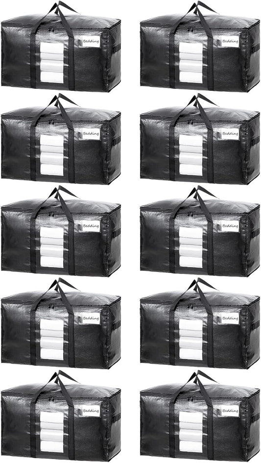 TAILI Extra Large Moving Bags, 10 Pack Black Heavy Duty Totes for Storage with Visible Window, Wrap Around Handles, Storage Bags for Space Saving, Alternative to Moving Boxes