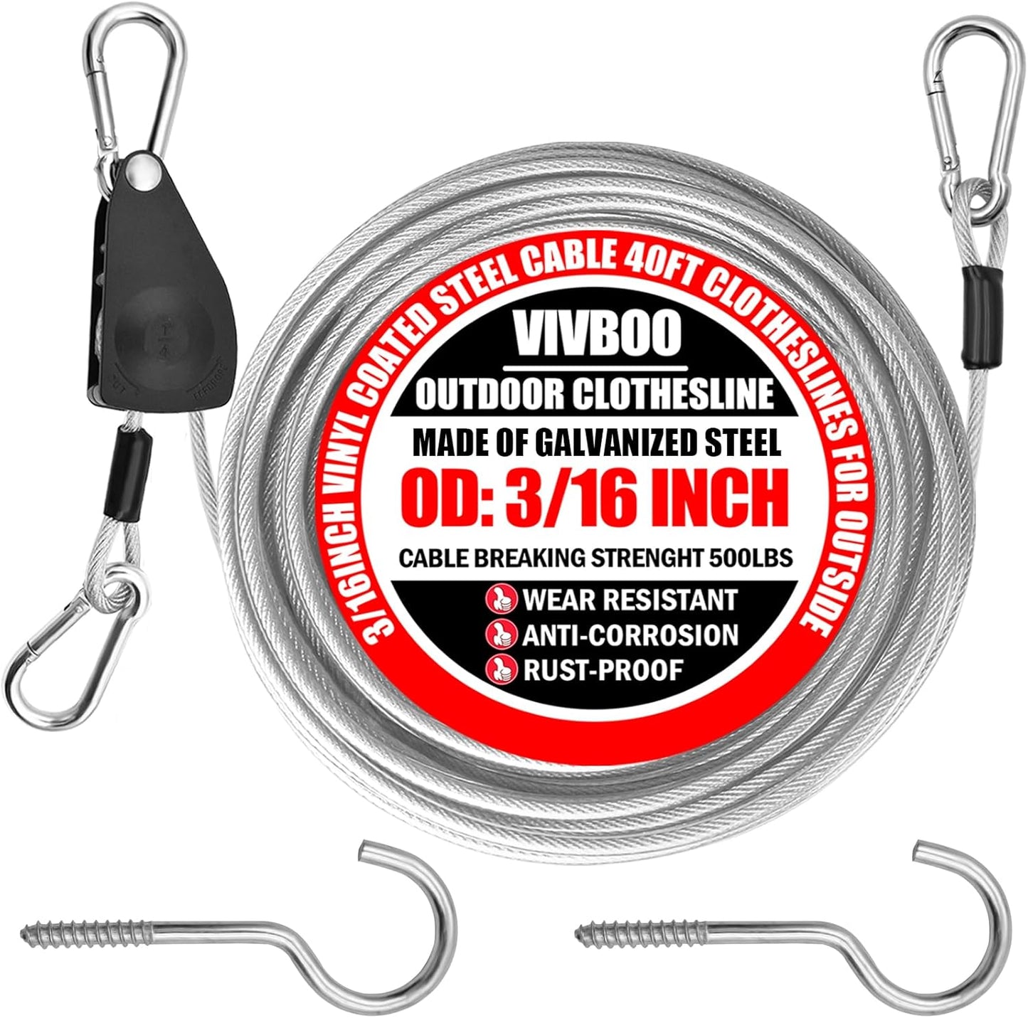 40ft Clothes Line Outdoors 3/16" Wire Ropes Silver PVC Coating Laundry Drying Clothesline Retractor with Metal Hooks Heavy Duty for Umbrella Travel Outside Camping Backyard